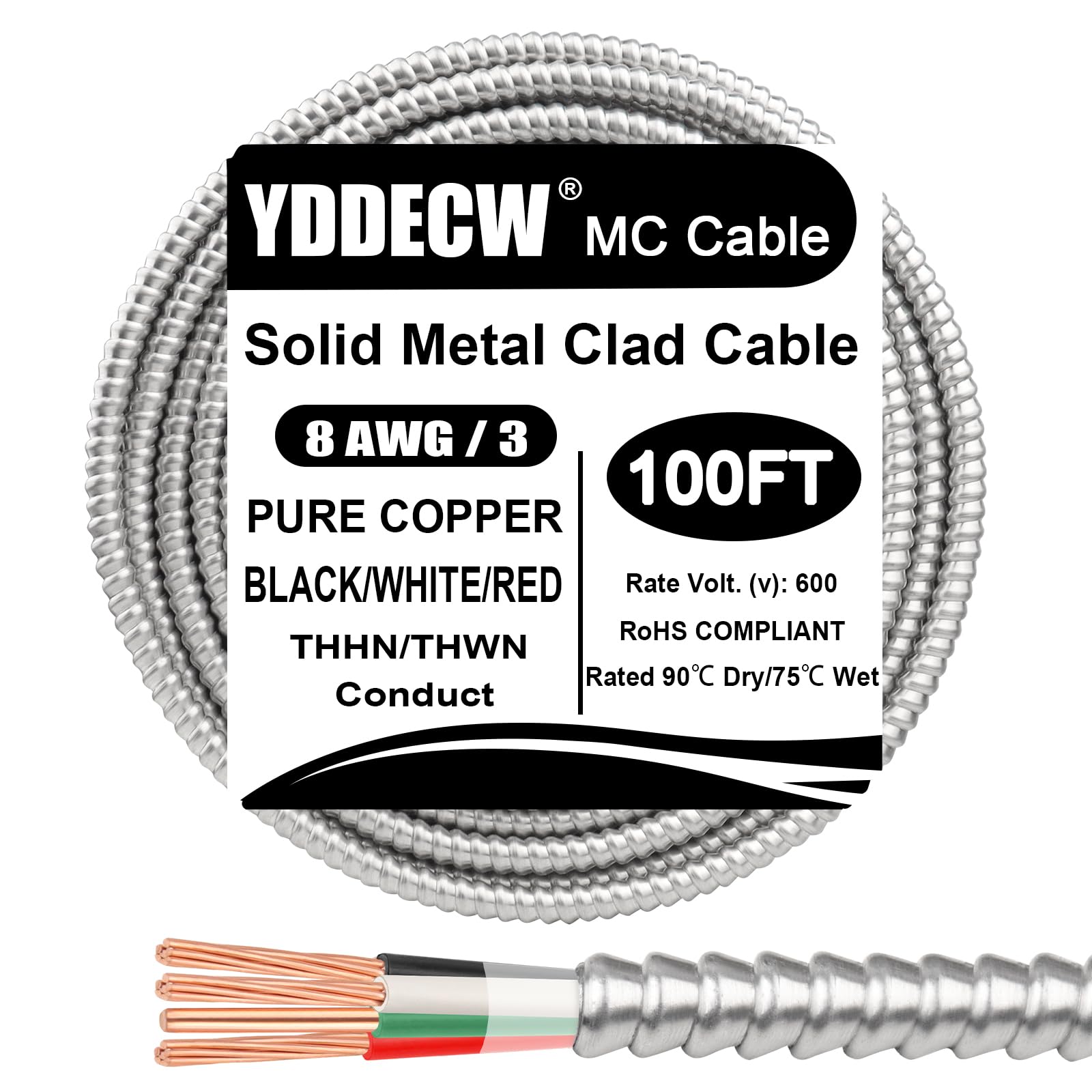 100ft 8/3 Metal Clad (MC) Cable with Ground, 8 Gauge Electric Wire with Aluminum Armor, Solid Bare Copper Conductors for Indoor Outdoor Underground Embedded Installation (8/3, 100 ft)