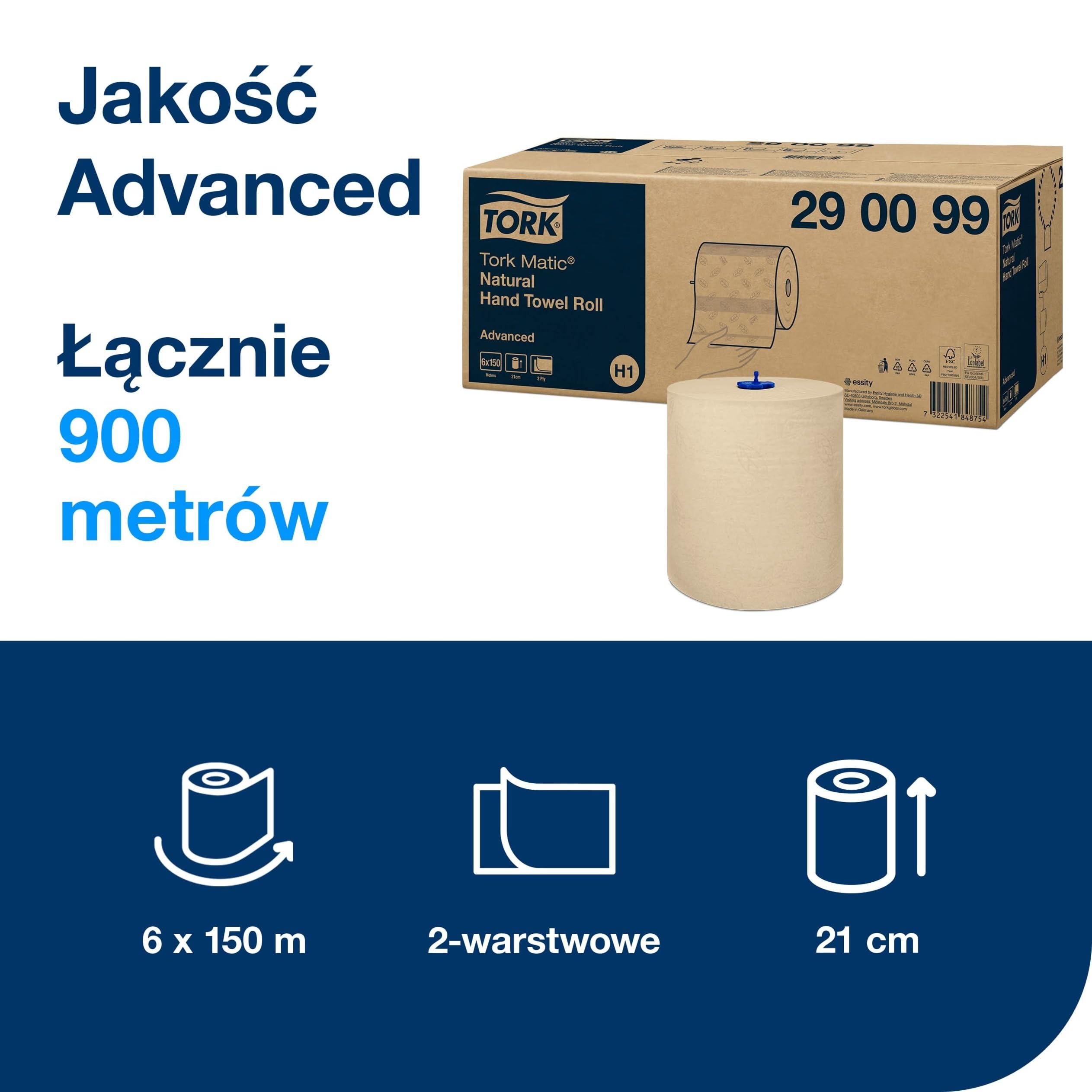 Tork Matic Ręcznik Papierowy w Rolce Naturalny H1, Zaawansowany, Odporny na Rozdarcie, 2-Warstwowy, 6 x 150 M, 290099