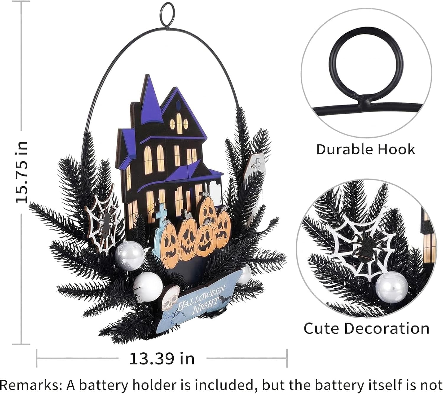 Pre-Lit Halloween Wreath for Front Door, Lighted Pumpkin with 6H On/18H Off | 30 LEDs, sturdy metal and wood construction, battery-operated cordless design, and an included hook for easy hanging.