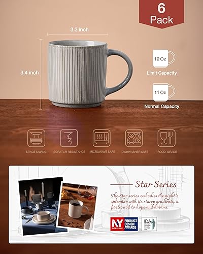 Miniatura 20 de famiware Star - Juego de tazas de café para 6 unidades, 12 onzas, con asa, para café, té, cacao, leche, cerámica, carbón oscuro mate Star-Matte Dark