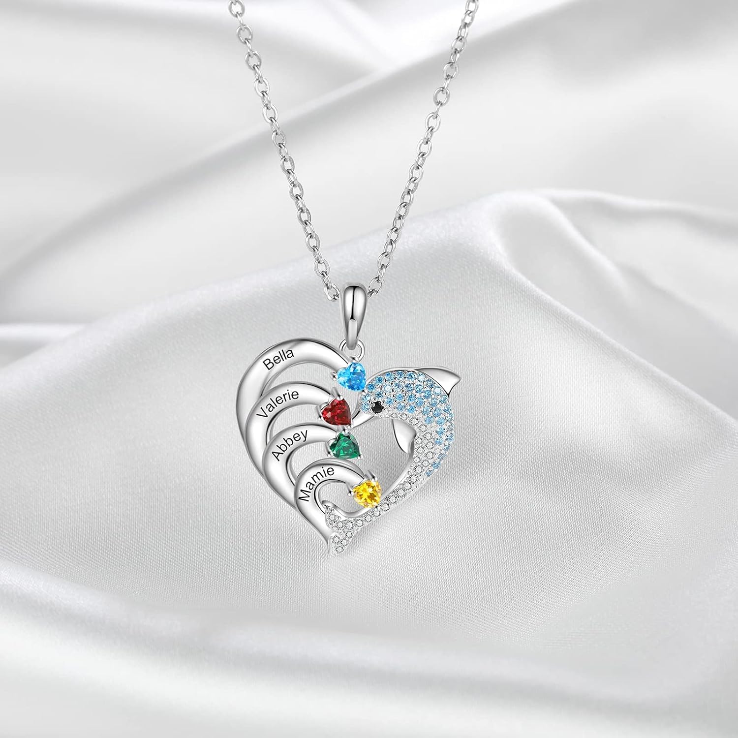 Personalized Dolphin Name Necklace with 2-6 Simulated Birthstones for Women Engraved Names Promise Necklace for Her Mother Daughter Jewelry Gift image 2