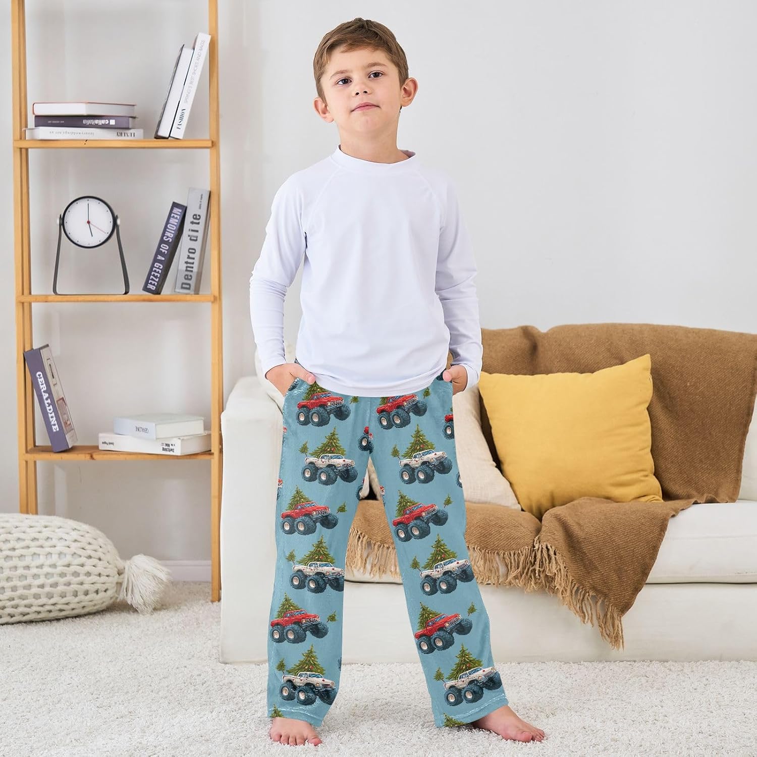 visesunny Christmas Monster Truck Tree Boys Pants for Kids Fleece Bottoms Long Jogger Pants Trousers with Pockets Size 6-14Y