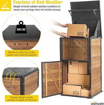 Aivituvin Package Delivery Box for Outside with Combination Lock | solid wood-iron frame, weatherproof, 10x18x18 parcel fit, one-way slot, lockable porch storage