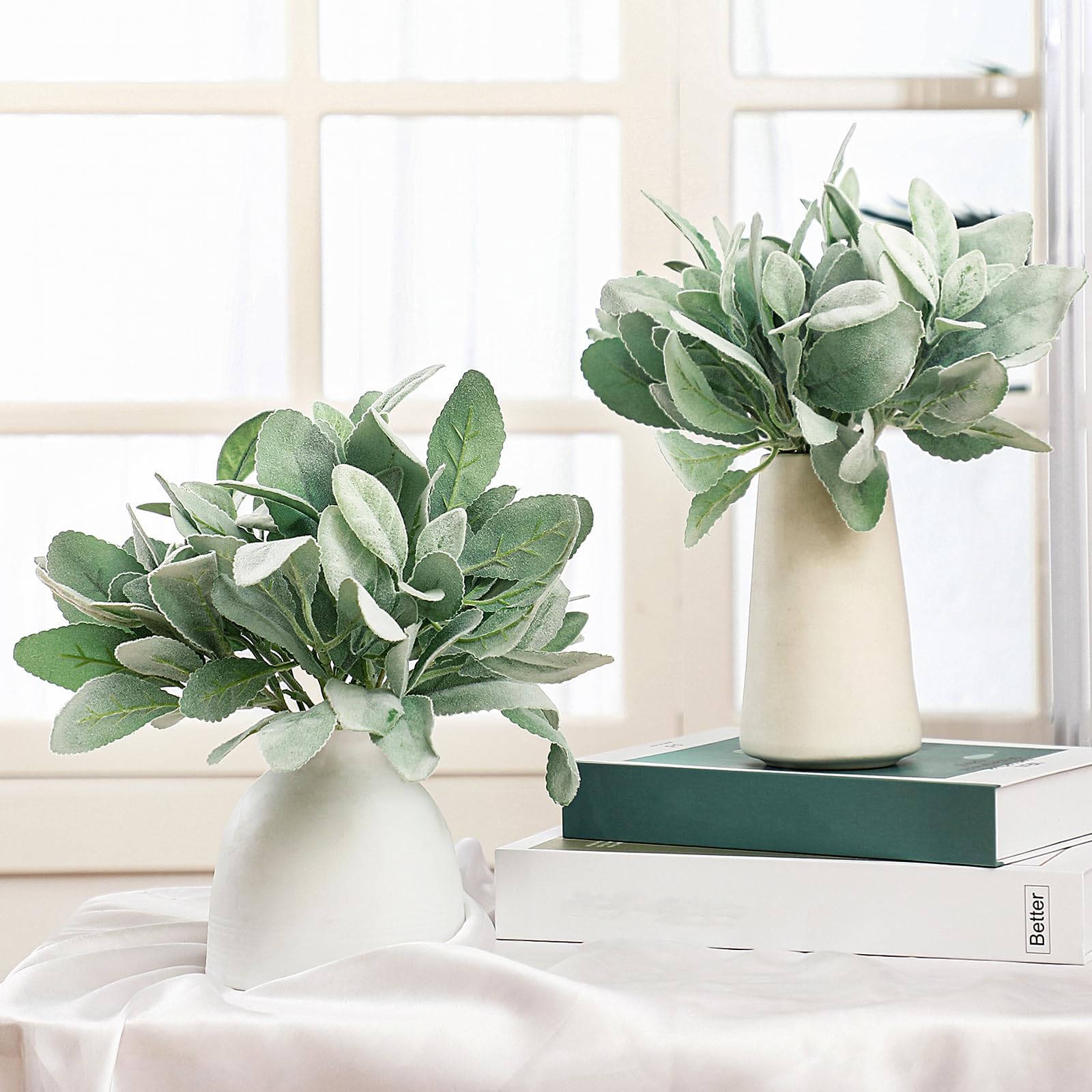 24 Pcs Artificial Lambs Ear Stems Garland Faux Greenery Stems Bulk Flocked Faux Greenery Decor Fake Lambs Ear Picks Plants for Home Wedding DIY Wreath Flower Arrangement