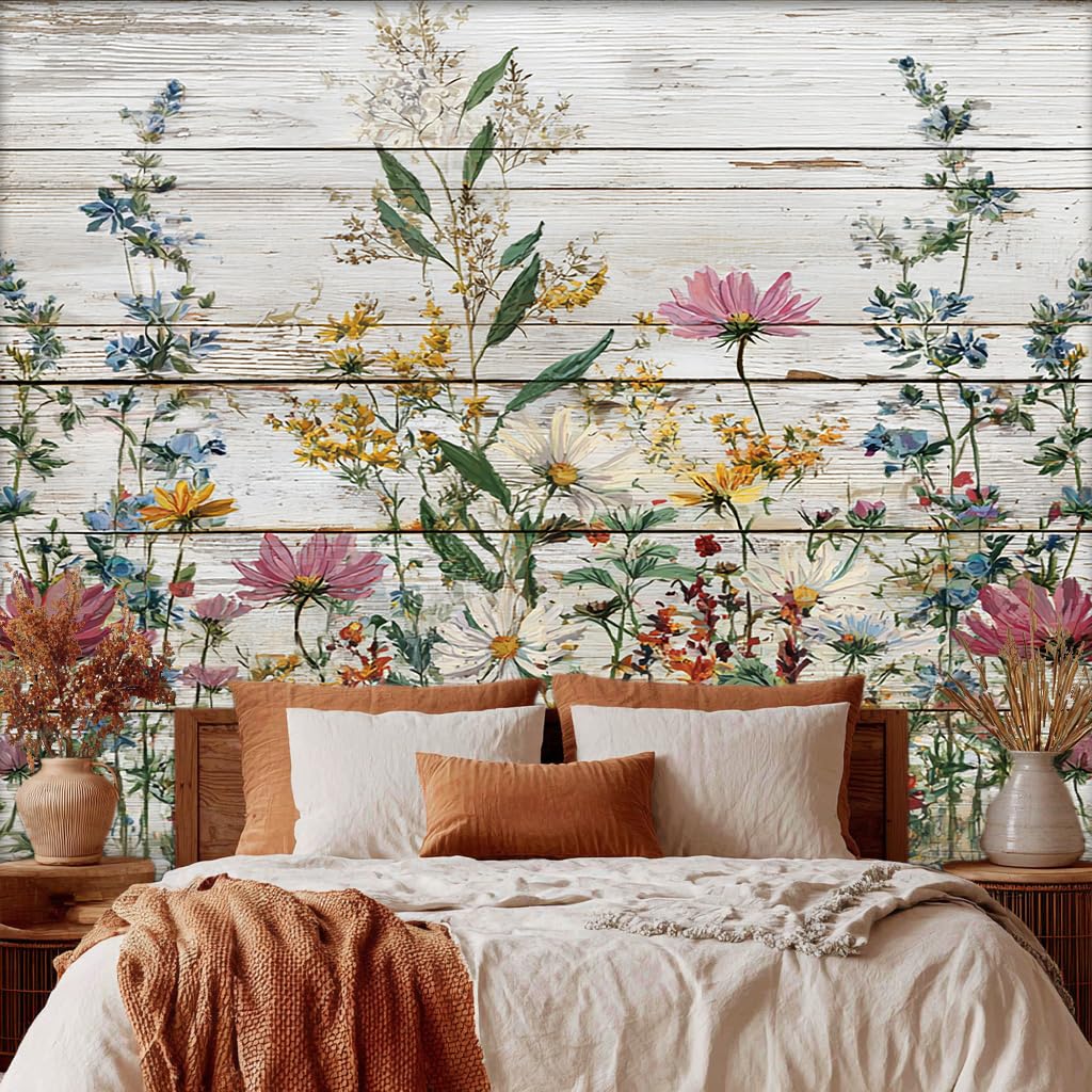 Wildflower Wallpaper, Farmhouse Floral Wallpaper for Living Room, Bedroom, Non-Woven Decor Wall Paper, Photo Dining Room, Hallway, Lounge, Mural Large 3D Home Decor 450 x 315 cm A185
