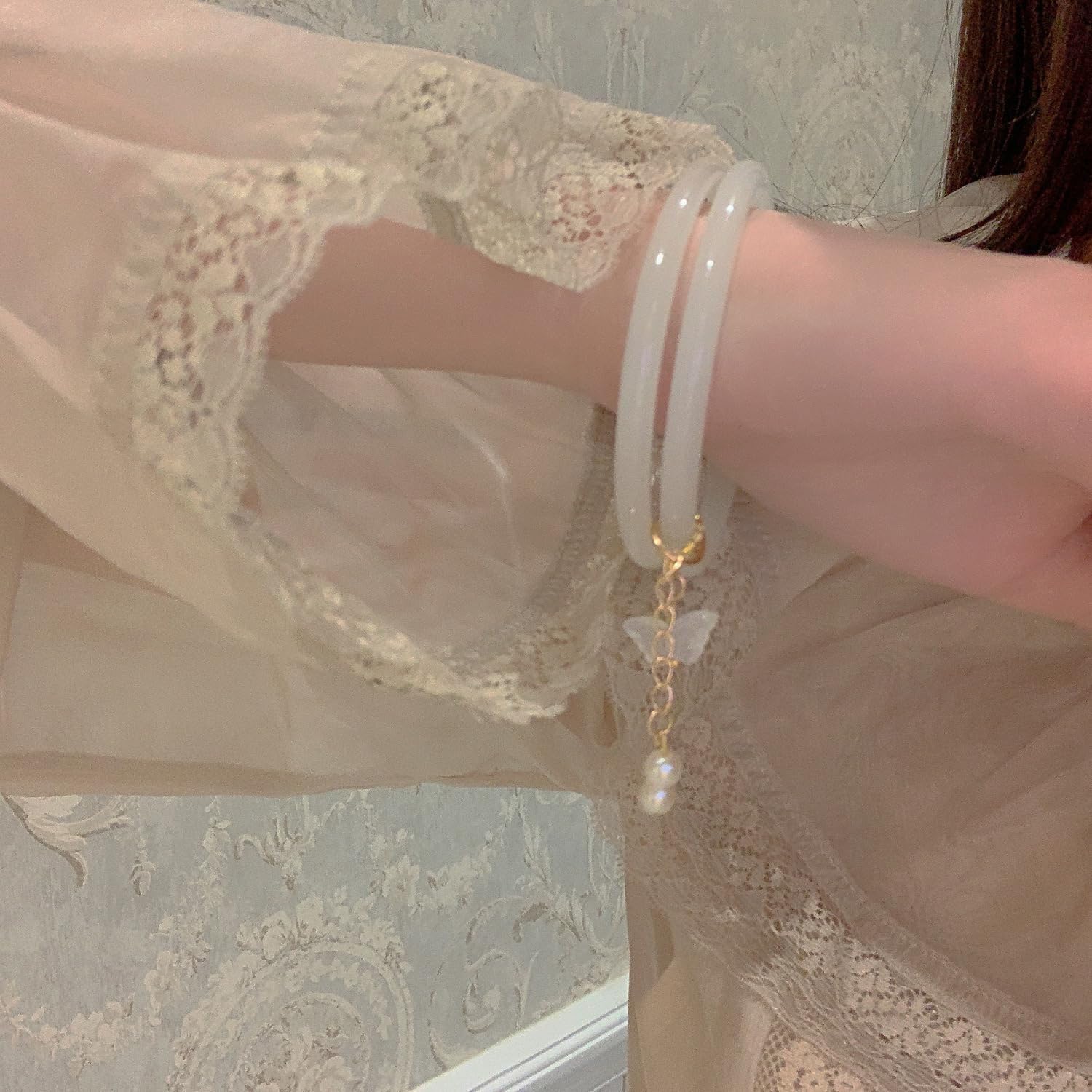 2pc White Smooth Bracelet + White Butterfly Bracelet Jade Bangles Classic Geometric Women Bangle Elegant Bracelets Small Butterfly Pearl Hanfu Accessories, Chinese Style Vintage Jade Bracelet, White image 3