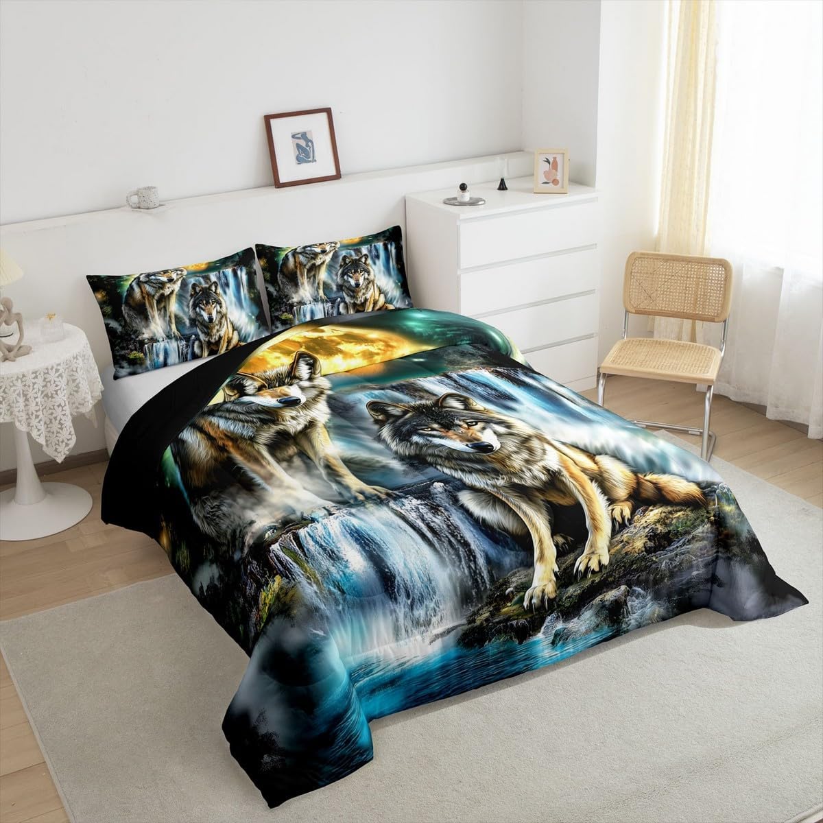 Feelyou Mountain Moon Wolf Comforter Set Full Size Wolves Howling Bedding Set for Boys Girls Teens Animal Wolves Comforter Women Men Wolf Duvet Set with 2 Pillow Case