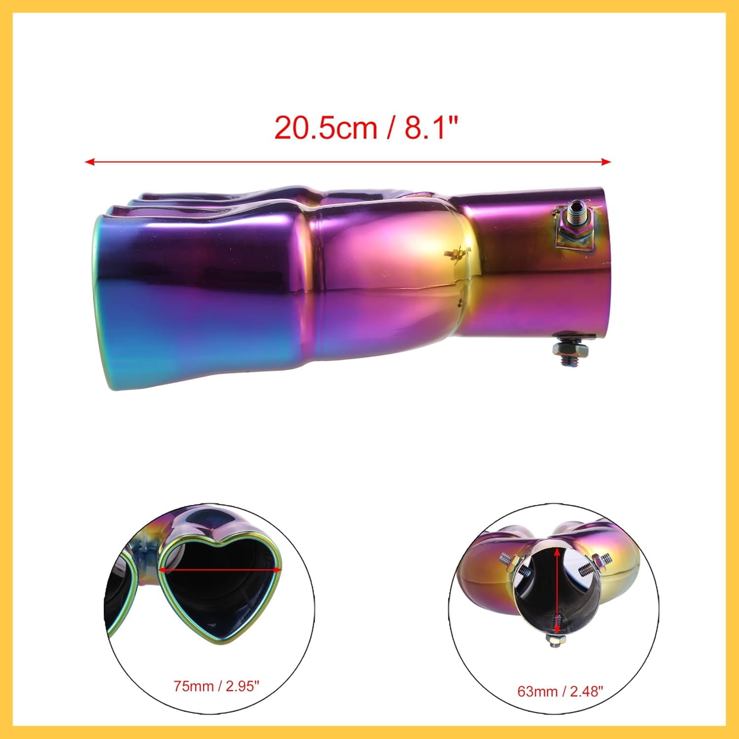 63mm 2.5" Inlet Straight Type Heart Shape Universal Exhaust Pipe Muffler Tip Tailpipe Bolt-On for Car Truck 8.1" Length Stainless Steel Multicolor Auto Replacement Parts