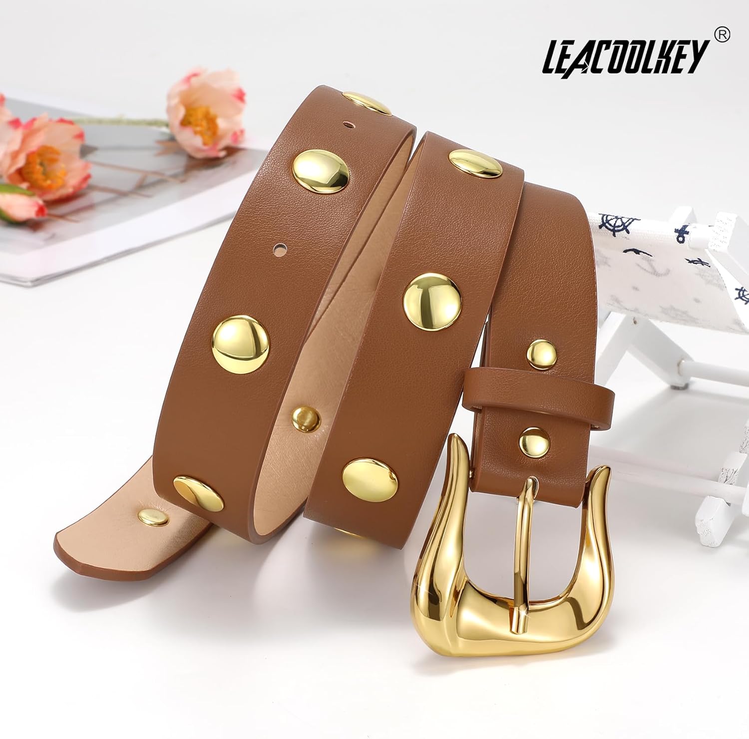 LEACOOLKEY Women Leather Belts for Jeans Dress Fashion Gold Black Leather Belt Women Studded Belt Punk Leather Belt - Image 3