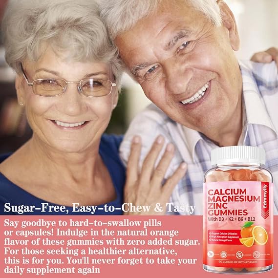 Calcium Magnesium Zinc Supplement Gummies - with Vitamin D3 & B12 for Adult | Sugar Free & Vegan Calcium Gummies for Women and Men - High Absorption Calcium Magnesium Supplement - 2 Packs, 120 Count