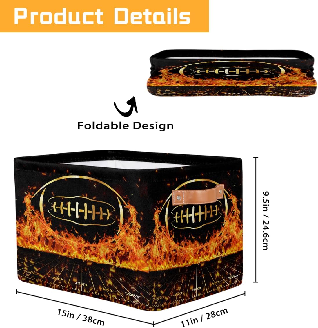 Nursery Decor Storage Bins - Fire Football Large Collapsible Rectangle Shelf Closet Organizer Baskets for Kids Dirty Clothes, Bedroom,Bathroom,Toy Bin,Gift Basket image 2