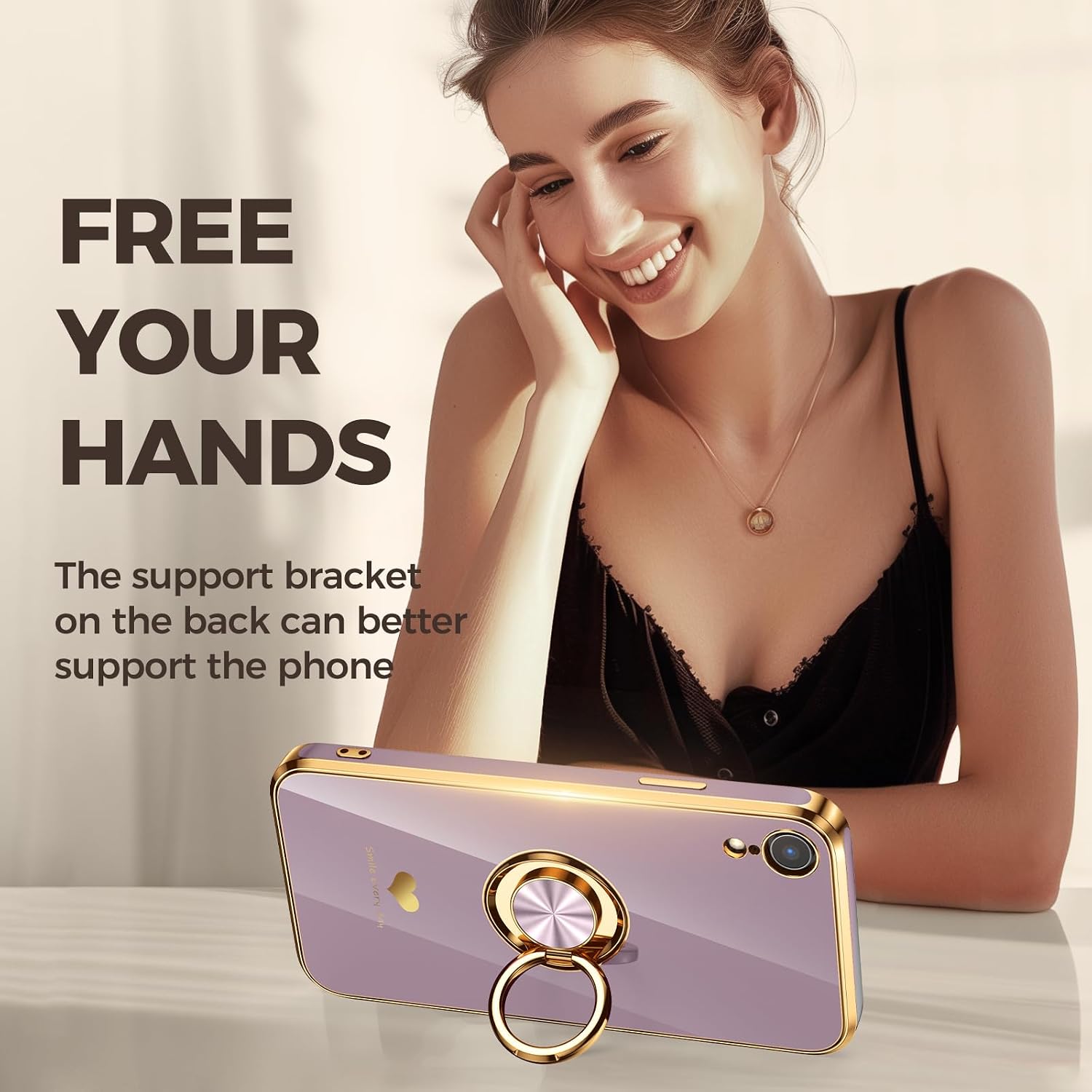 Compatible for iPhone XR Case with 2 Pack Screen Protector, 360° Rotatable Ring Holder [Luxury Hearts Pattern] Plating Gold Edge Slim Soft Phone Cover Case for iPhone XR - Light Purple image 5