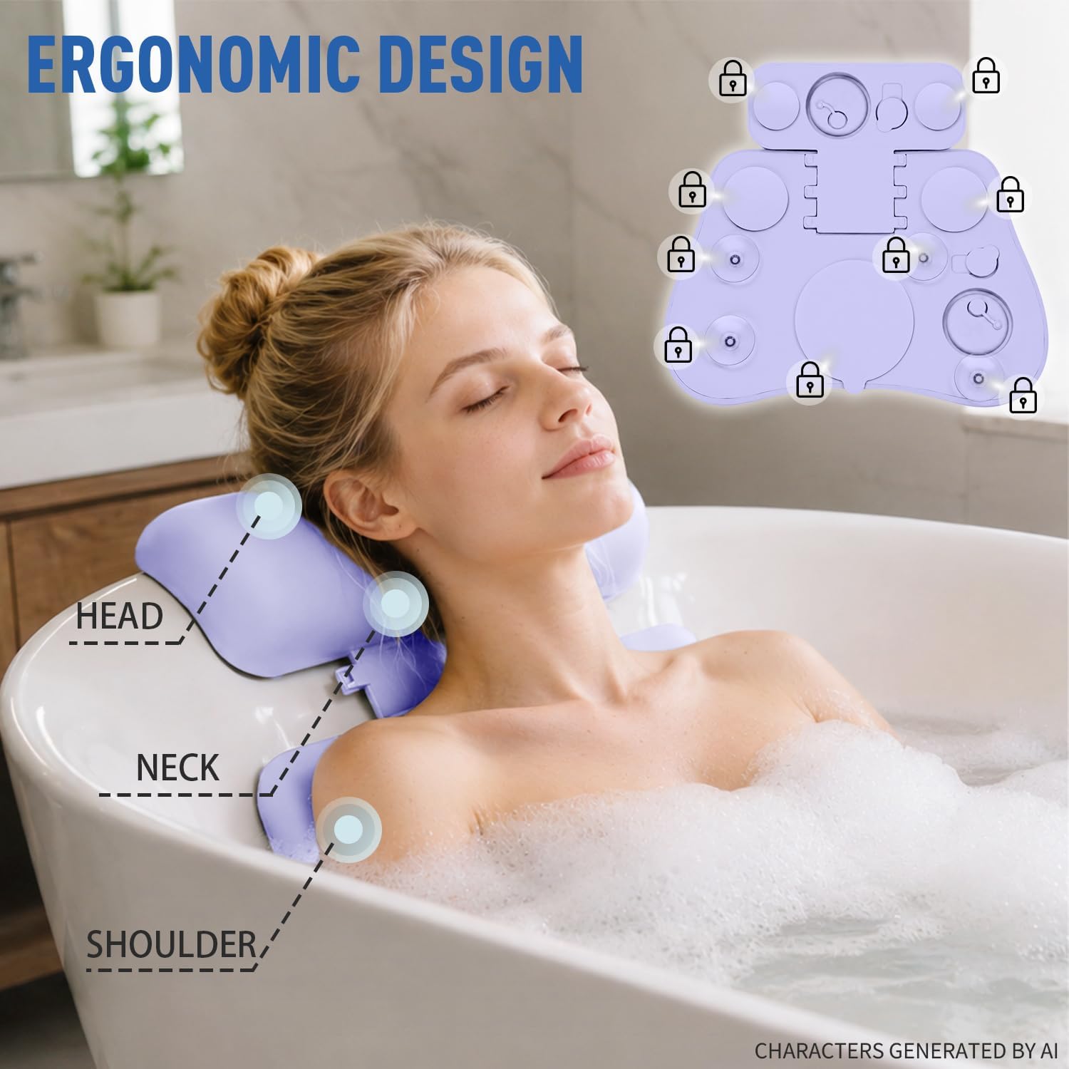 4D Silicone Bath Pillows for Tub, Bathtub Pillow with 9 Suction Cups,Purple