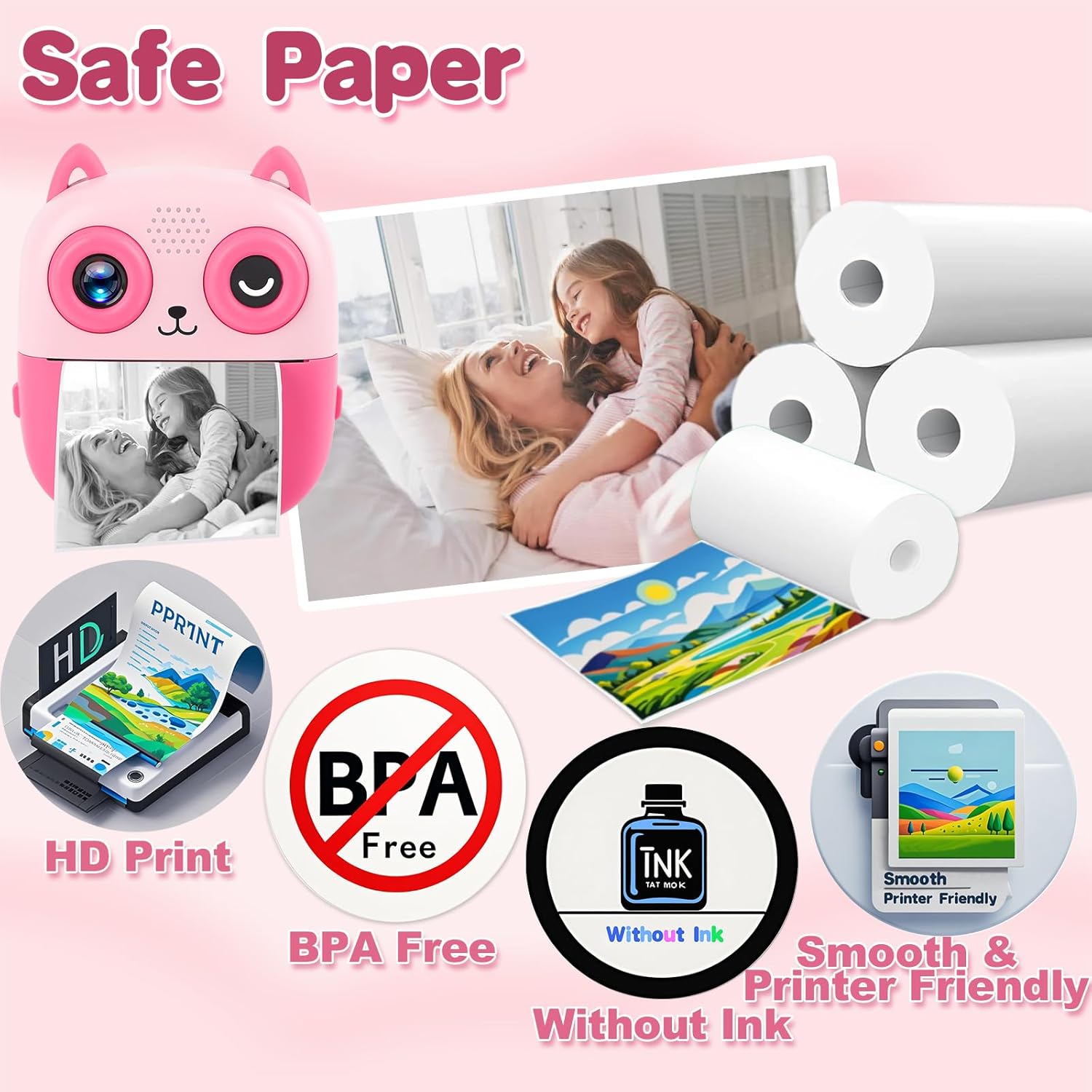 5 Rolls Premium Mini Thermal Printer Sticker Paper, BPA Free, 57 X 25mm, Mini Printer Sticker Paper for Most Kids Instant Camera, Kids Instant Camera Refill - Image 3