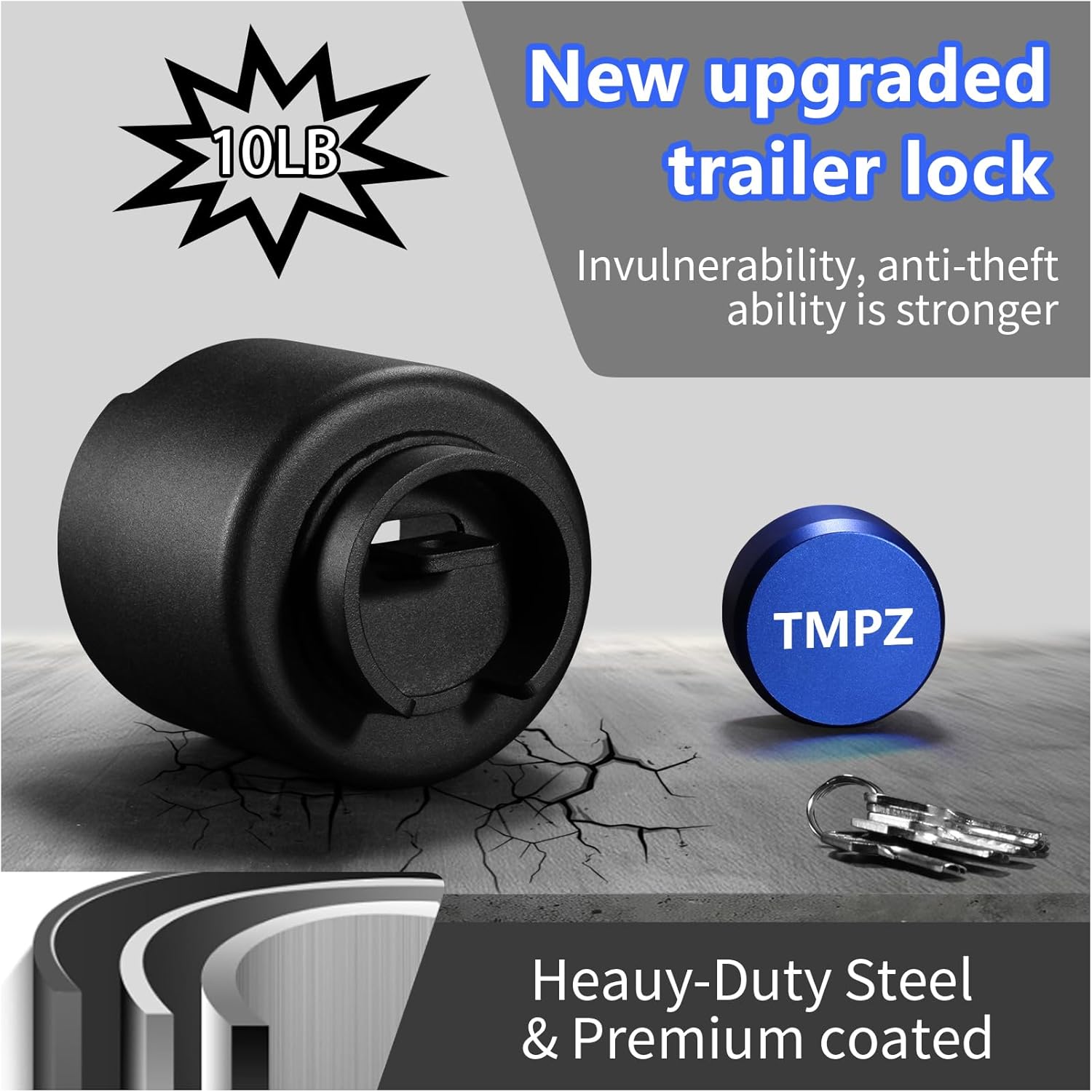 TMPZ Upgraded Heavy Duty Steel Trailer Hitch Lock for 2-5/16 Inch Couplers – Coupler Lock Secures Safety Chains, Anti-Theft Weatherproof Protection for RV, Boat, Camper & Utility Trailers (Blue)