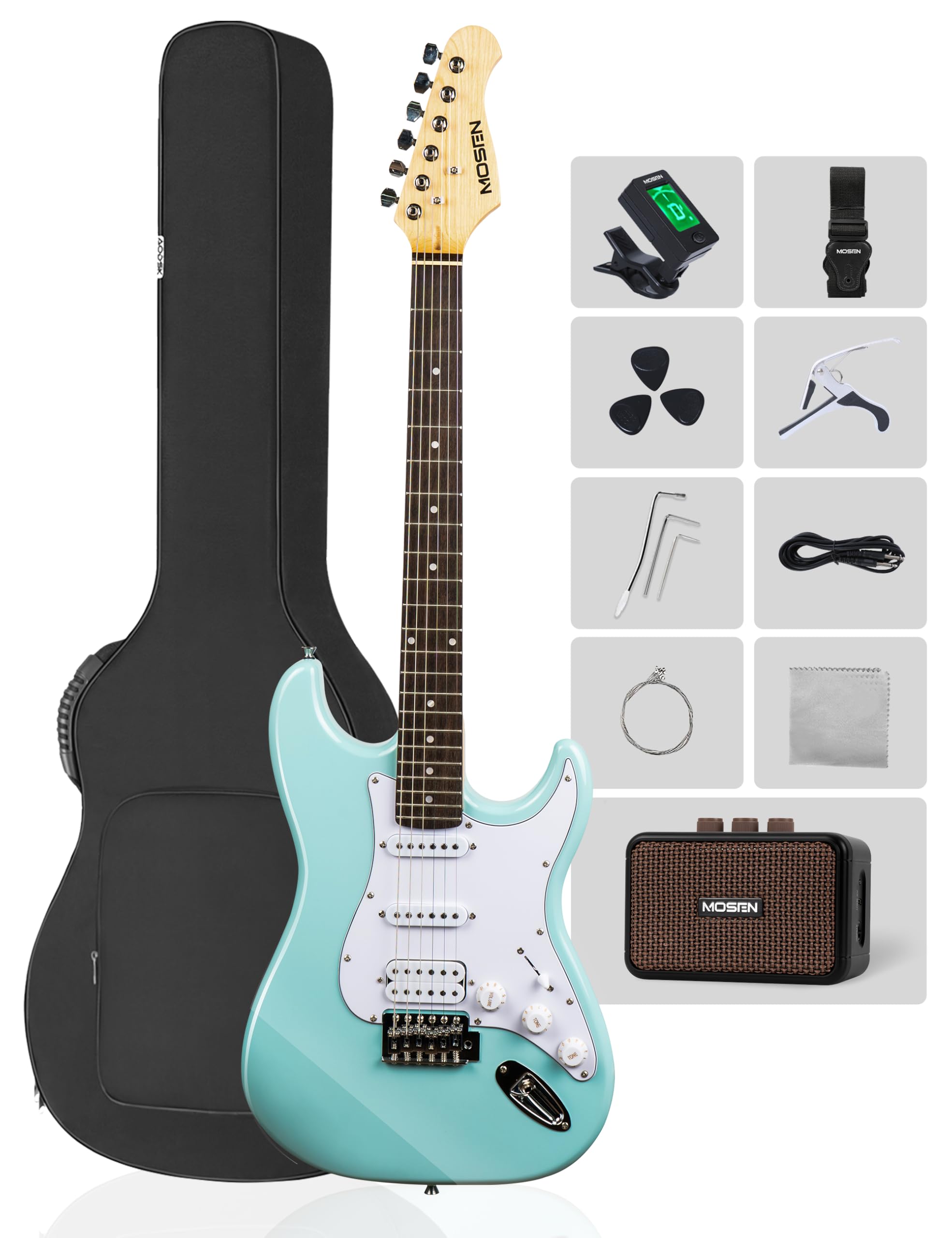MOSEN 39" Electric Guitar Set, HSS Coil Split, w/Amp, Bag, Capo, Ice Blue