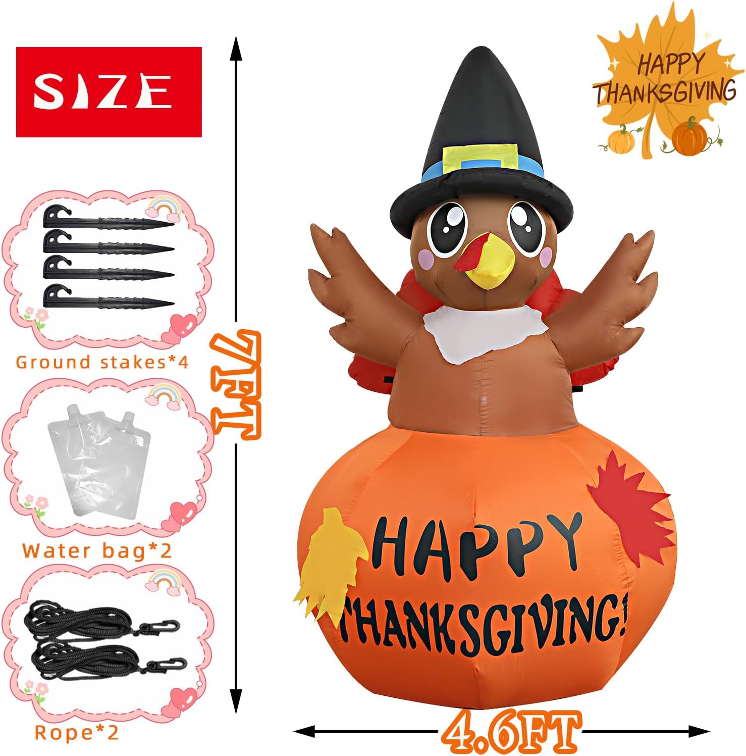 7 Ft Inflatable Thanksgiving Turkey Decoration with Pumpkin,Pilgrim Hat & Colorful Tail, Thanksgiving Day LED Blow up Turkey Outdoor Indoor Garden Lawn Yard Deco- Autumn Holiday Harvest