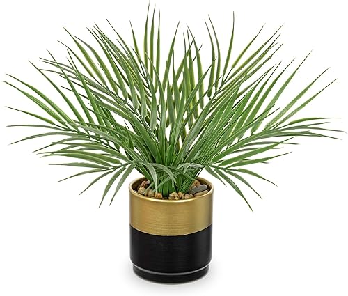 Hollyone Plantas Artificiales Grandes en Maceta Plantas de Palmera Falsas de 13" Planta Árbol de Palmera Tropical Falsa en Macetas de Metal Dorado y