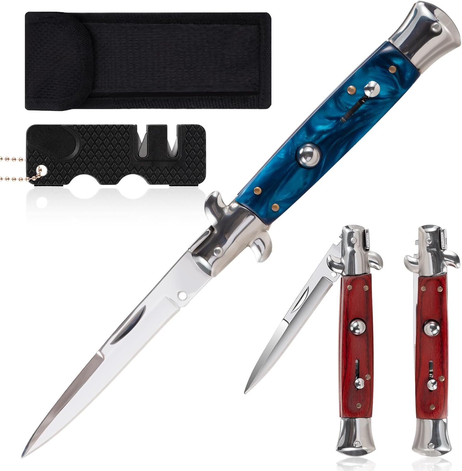 Fruit knife, outdoor pocket hunting knife, kitchen knife, suitable for camping, hunting, and kitchen use (includes sharpening tool) (Blue)