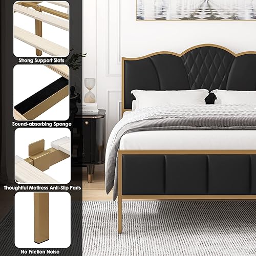 Miniatura 7 de HITHOS Marco de cama de tamaño matrimonial moderno marco de cama tapizado con cabecera capitoné plataforma resistente con soporte de listones de