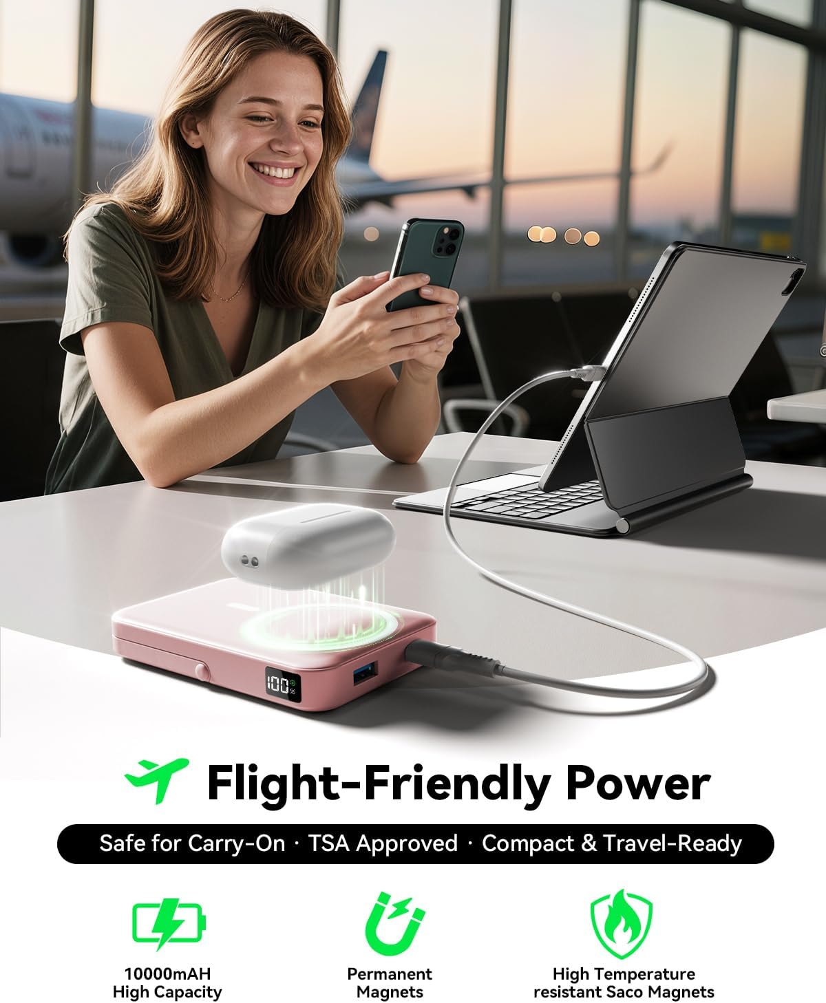 Magnetic Power Bank 10000mAh with for MagSafe Charging,PD 22.5W Fast Charge,Foldable Stand,Dual USB Output,LED Display (Pink)