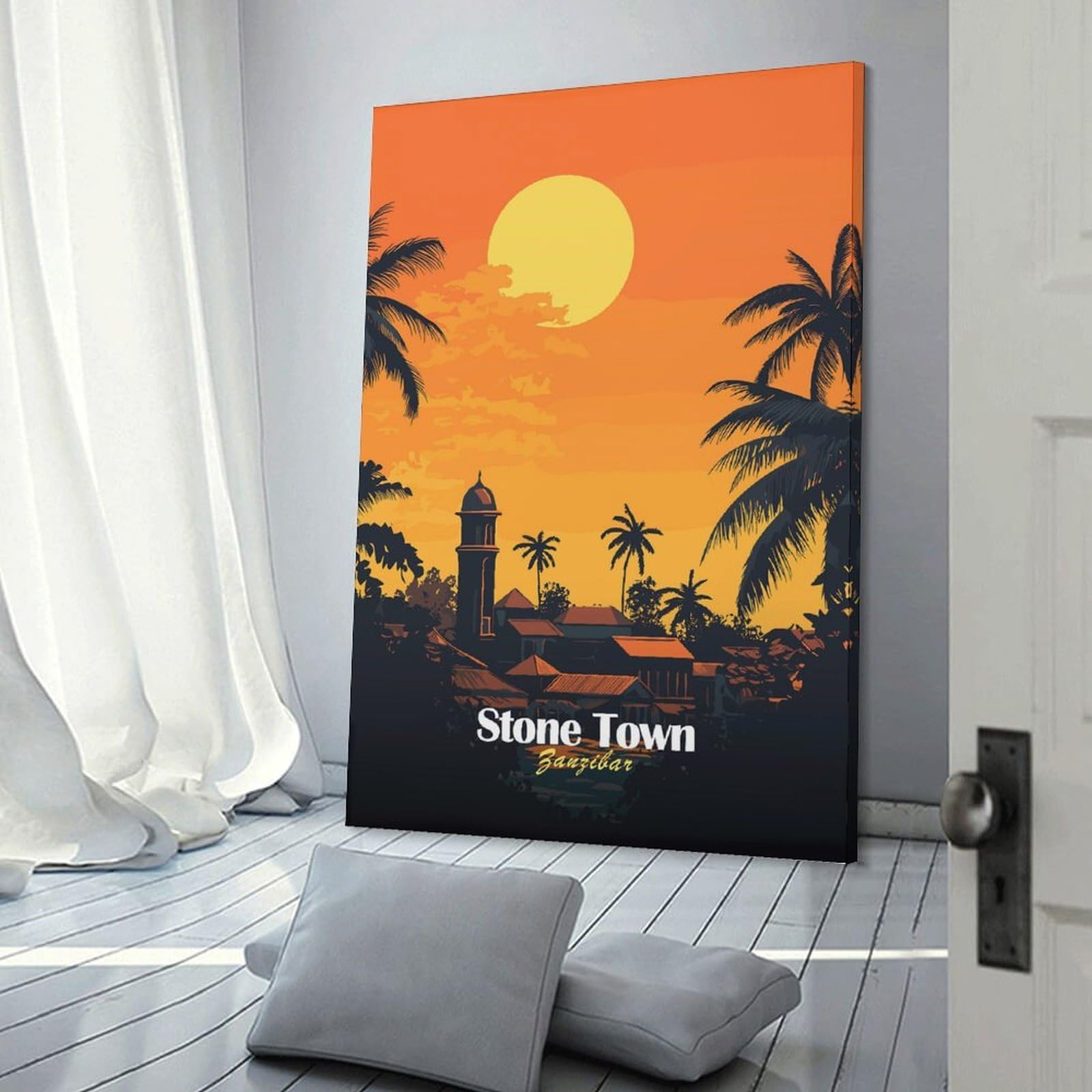 Junmoney Frame-Style-17 Stone Town Zanzibar Sunset Decorative Wall Artwork 16X24inch(40X60cm), For Entrance Spaces, Stair Walls Or Halls, A Stylish Accent For Home Entrances