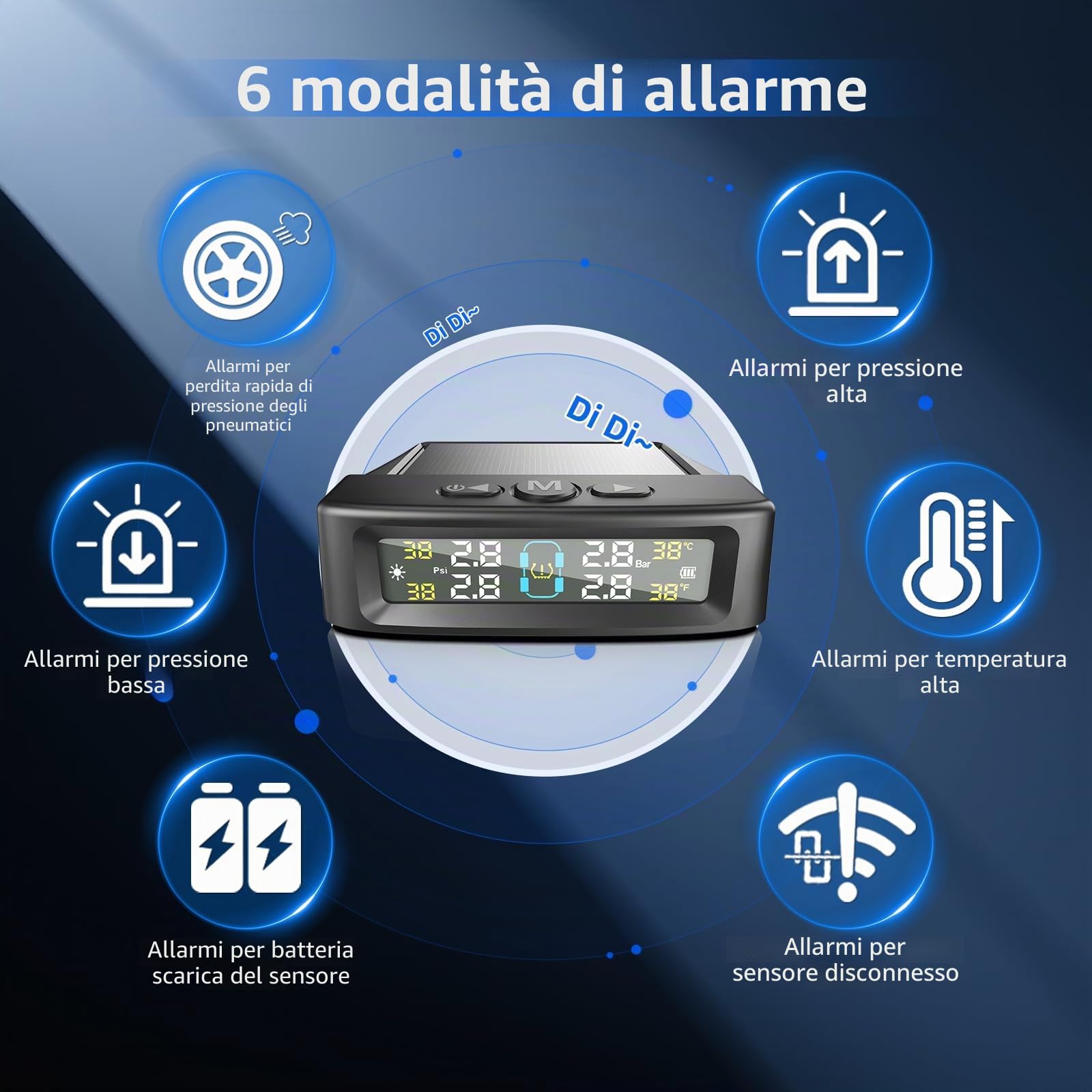 KAOLALI Sistema di monitoraggio della pressione dei pneumatici TPMS, monitoraggio della pressione dei pneumatici solare senza fili con 4 sensori esterni, visualizzazione in tempo reale della