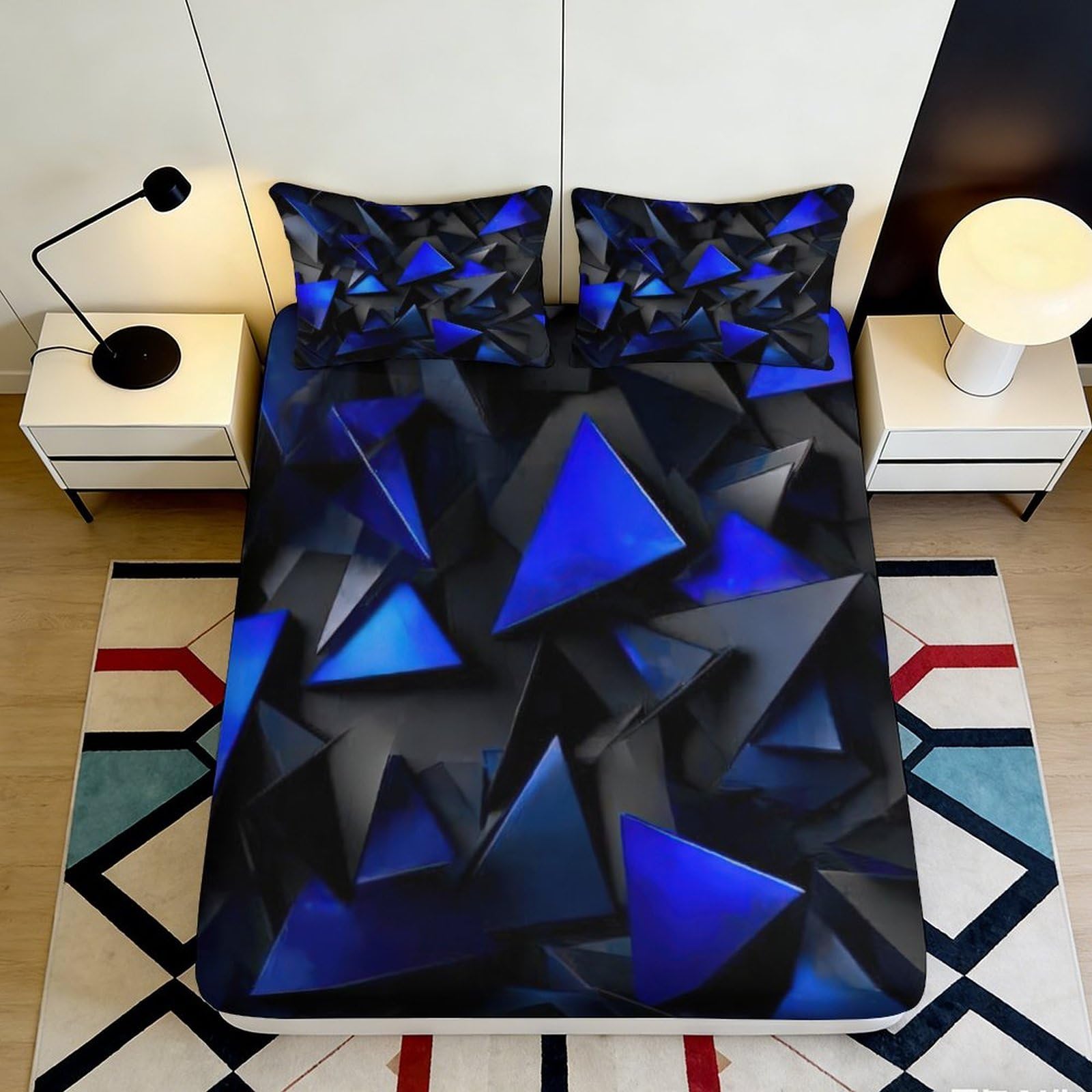 3D Printed Blue Geometric Fitted Sheet Microfiber Soft Breathable Black Triangle Bed Cover for Bedroom Dormitory Guest Room Mattress Protection 200x200x25cm