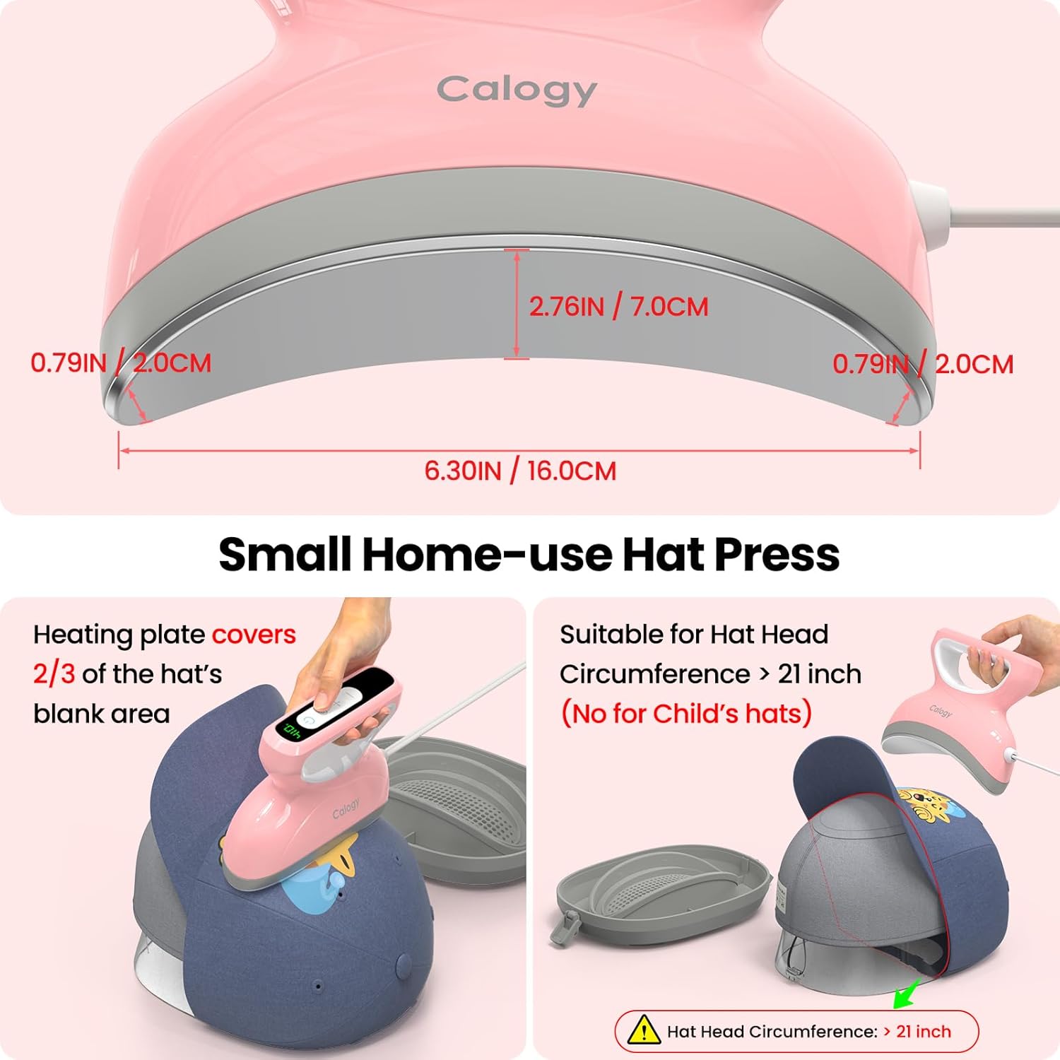 Calogy Hat Press Heat Machine for Caps, Mini Portable Hat Heat Press with Timer, Max 410℉,Precision Temp Control ±5℉, Fast & Evenly Heating Curved Plate 2.76 * 6.3in for 6 1/2-8 hat，21-26 Girth（Pink）