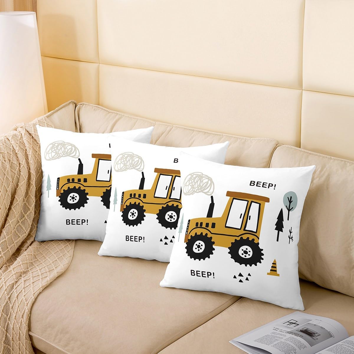 Feelyou Cartoon Equipment Trucks Throw Pillow Cover,Construction Cushion Case for Living Room Decor, Reversible Excavator Tractor Botanical Tree Yellow Decorative Throw Cushion Case,24x24 Inches