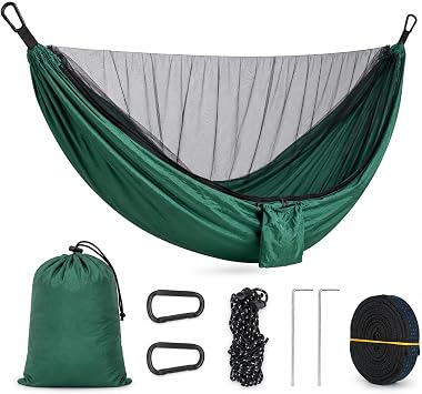 Camping Hammock with Mosquito Net, Tree Straps, 290 x 135cm Dark green
