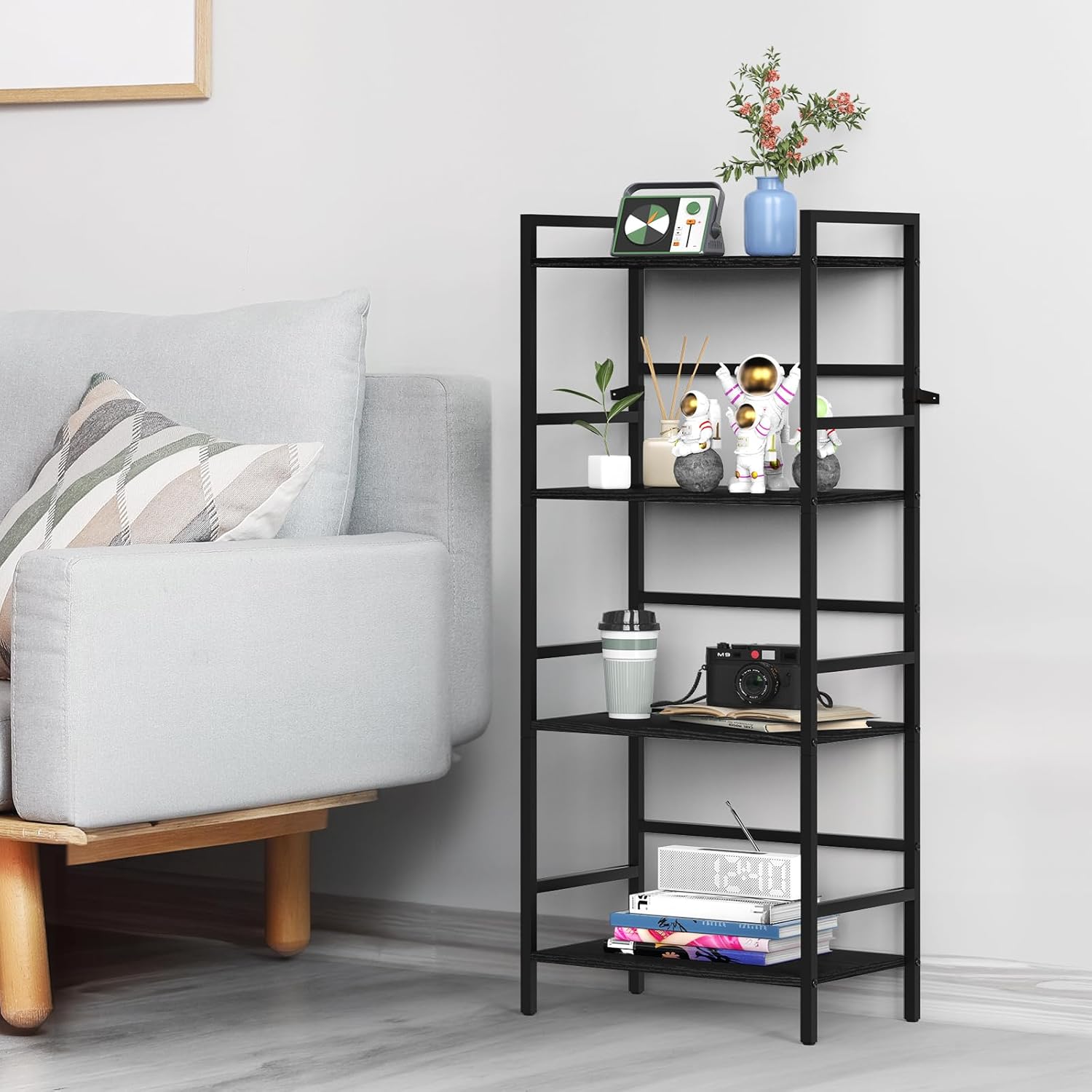 Industrial Bookshelf, 4Tier Black Bookcase Shelf, Tall Book Storage Shelf Unit, Wood Bookcase