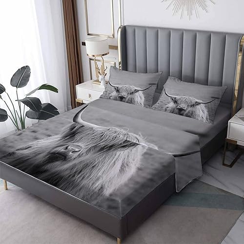 Highland Cow - Juego de sábanas de 4 piezas, tamaño King, diseño de animales de pastizales, sábanas y fundas de almohada, 4 piezas, sábana bajera