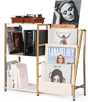 HYCFYJR Stand for Record Player, 3 Tier Vinyl Record Storage with Now Playing Holder, Turntable Stand, Vinyl Display with Speaker Storage for Living Room, Gold White