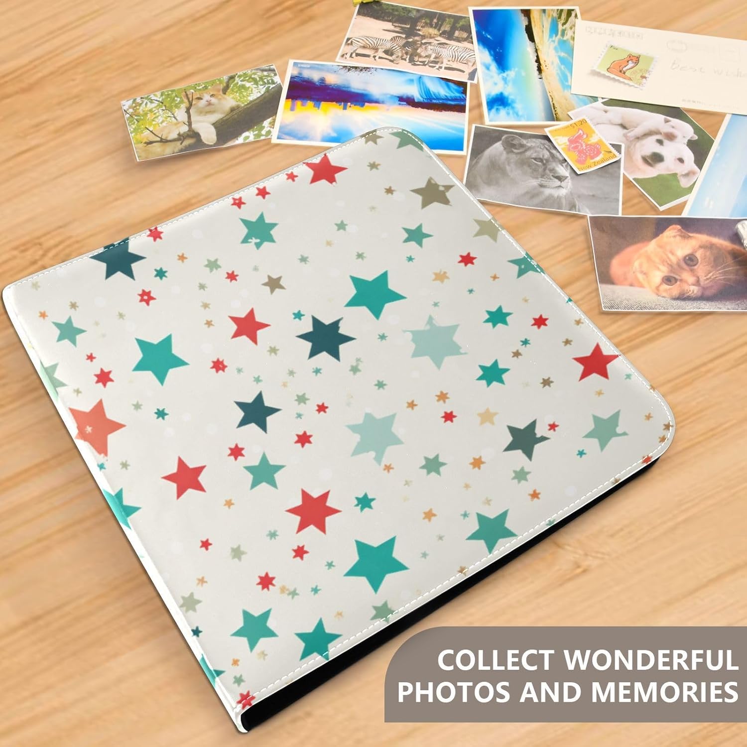 JIPONI Stars Large Photo Album, DIY Leather Cover Scrapbook Albums for 4x6 5x7 6x8 Pictures, Self Adhesive Memory Book for Wedding, Baby, Family
