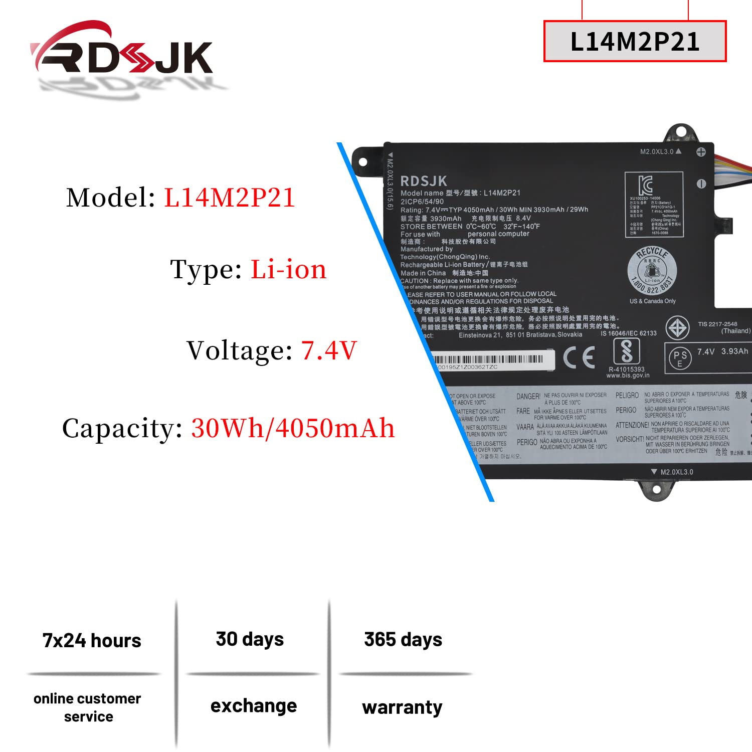 L14M2P21 L14L2P21 Laptop Battery for Lenovo IdeaPad 330S 330S-14AST 330S-14IKB 330S-141KB 330S-15ARR 330S-15AST 330S-15IKB GTX1050 Series 5B10Q39203 5B10Q39204 5B10Q39206 5B10W67199 7.4V 30Wh