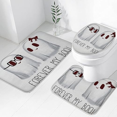 Miniatura 16 de Tapete de baño de 3 piezas de otoño con diseño de calabaza, color azul y verde, hojas de arce, cosecha, decoración de Acción de Gracias, juego