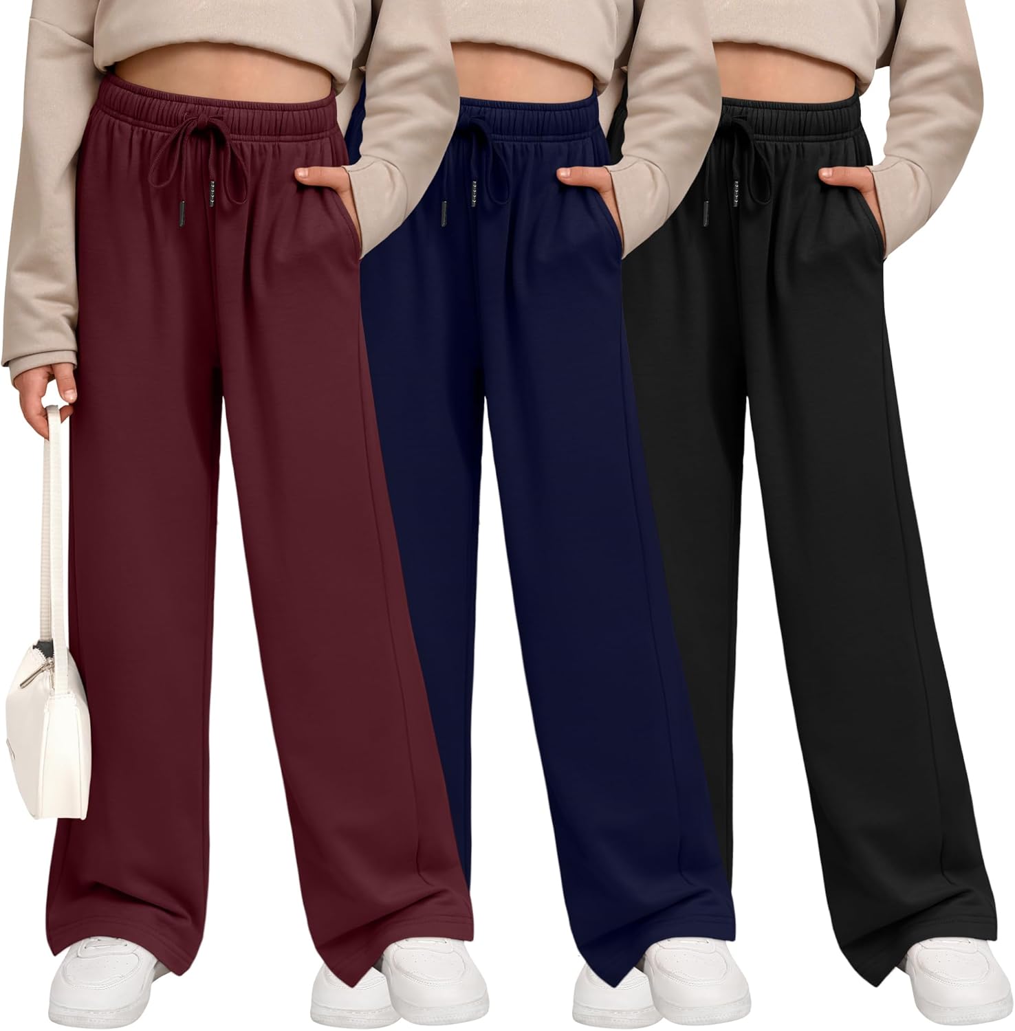 3 Pack Girls' Sweatpants Wide Leg Drawstring Casual Kids Joggers Open Bottom Loose Solid Teen Pants with Pockets