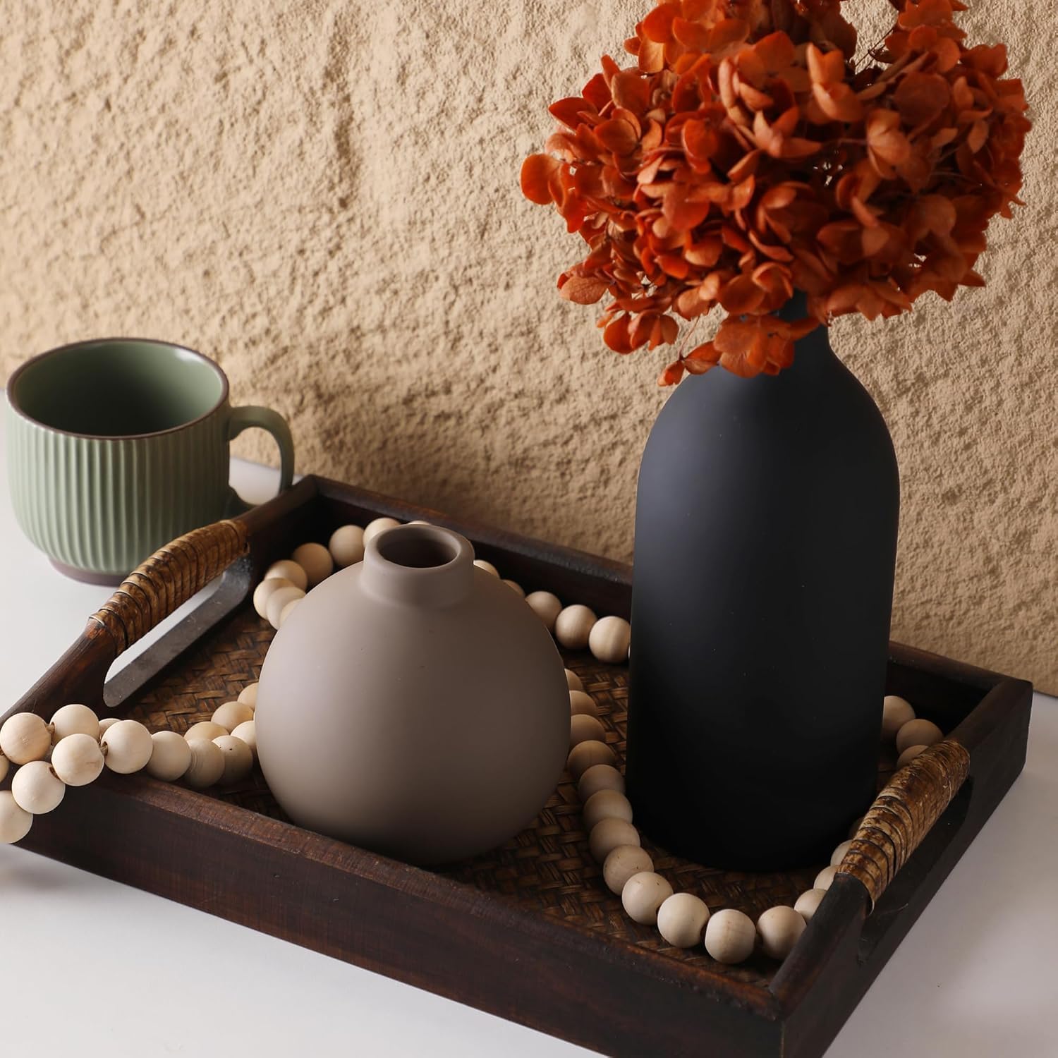 Lot de 3 vases en céramique - Décoration d'intérieur rustique - Vase en poterie pour table, salon, cuisine, chambre à coucher, salle de bain, bibliothèque, entrée (lot de 3)