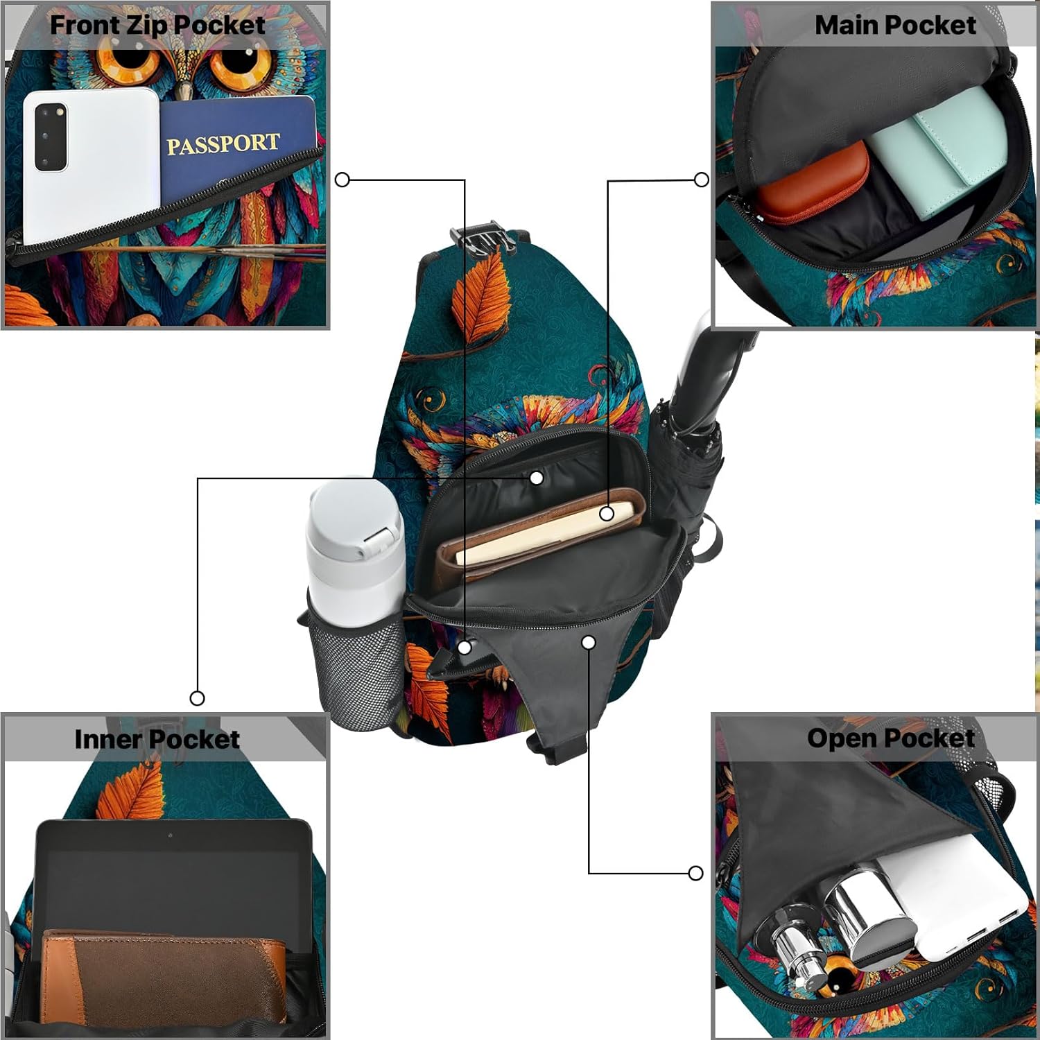 FyLybois Owl Sling Bag for Women Crossbody Backpack Lightweight Chest Daypack Fashion Shoulder Bags for Travel Hiking Biking - Image 6