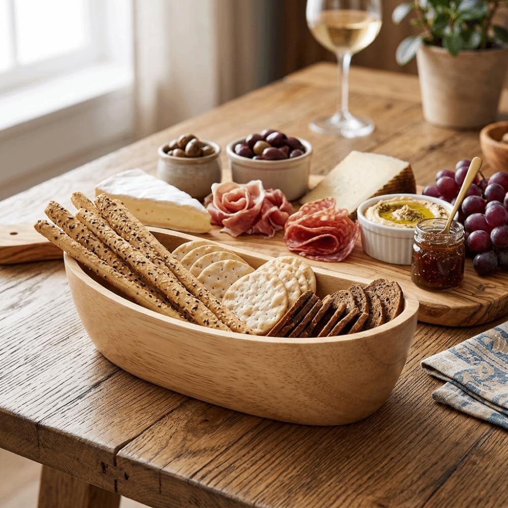 Rubber Wood Boat Shaped Salad Bowl, Original Wood Portable Multi Usage Serving Bowl for Fruit, Snacks, Desserts, Home Restaurant(5.9in)
