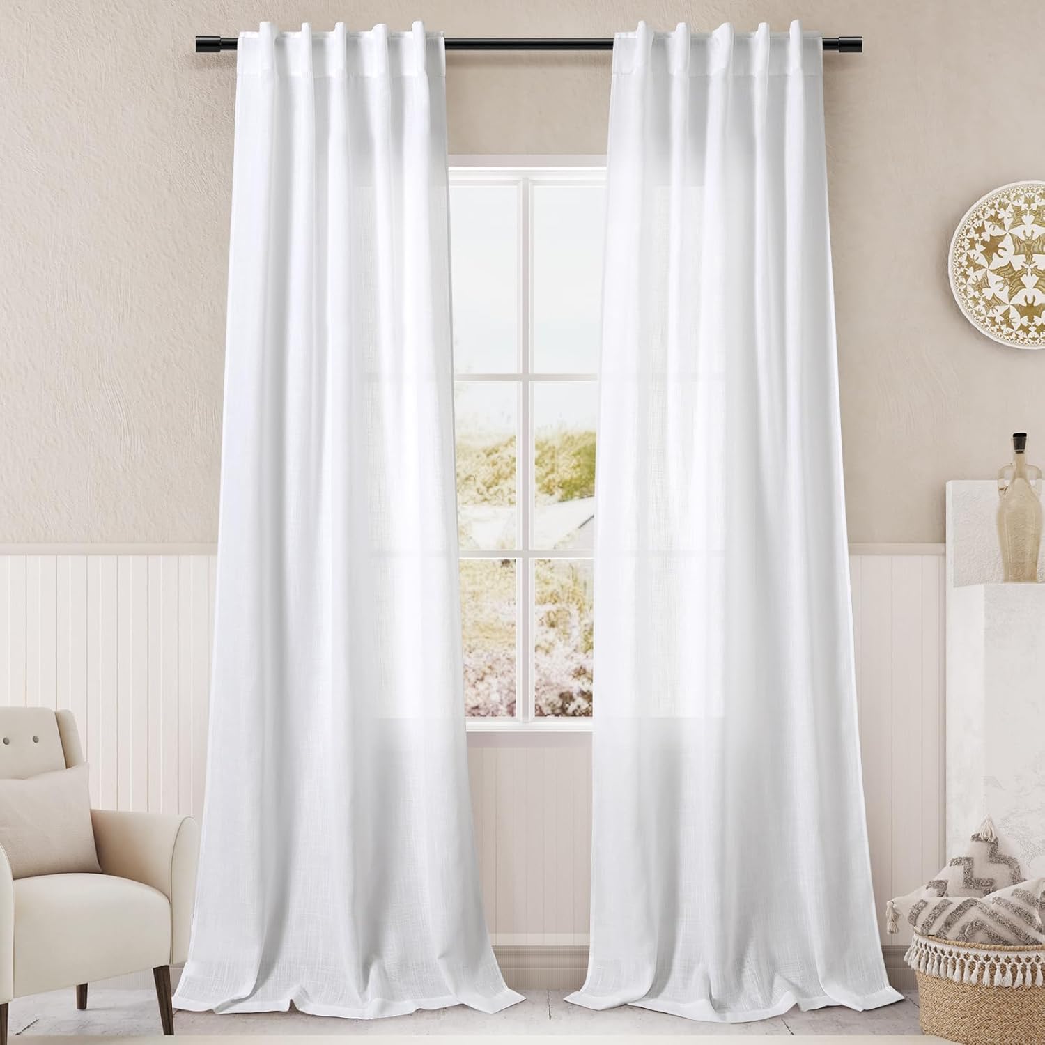 White Linen Curtains38x84 inches Long for Living Room Back Tab Light Filtering Privacy Sheer Curtain Modern Farmhouse Coastal Decor Off White Cotton Textured Narrow Window Curtains 2 Panel Set