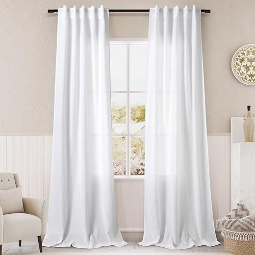 Cortinas de lino semitraslúcidas blancas de 38 pulgadas de ancho de 90 pulgadas de largo para sala de estar, con pestaña trasera, decoración moderna