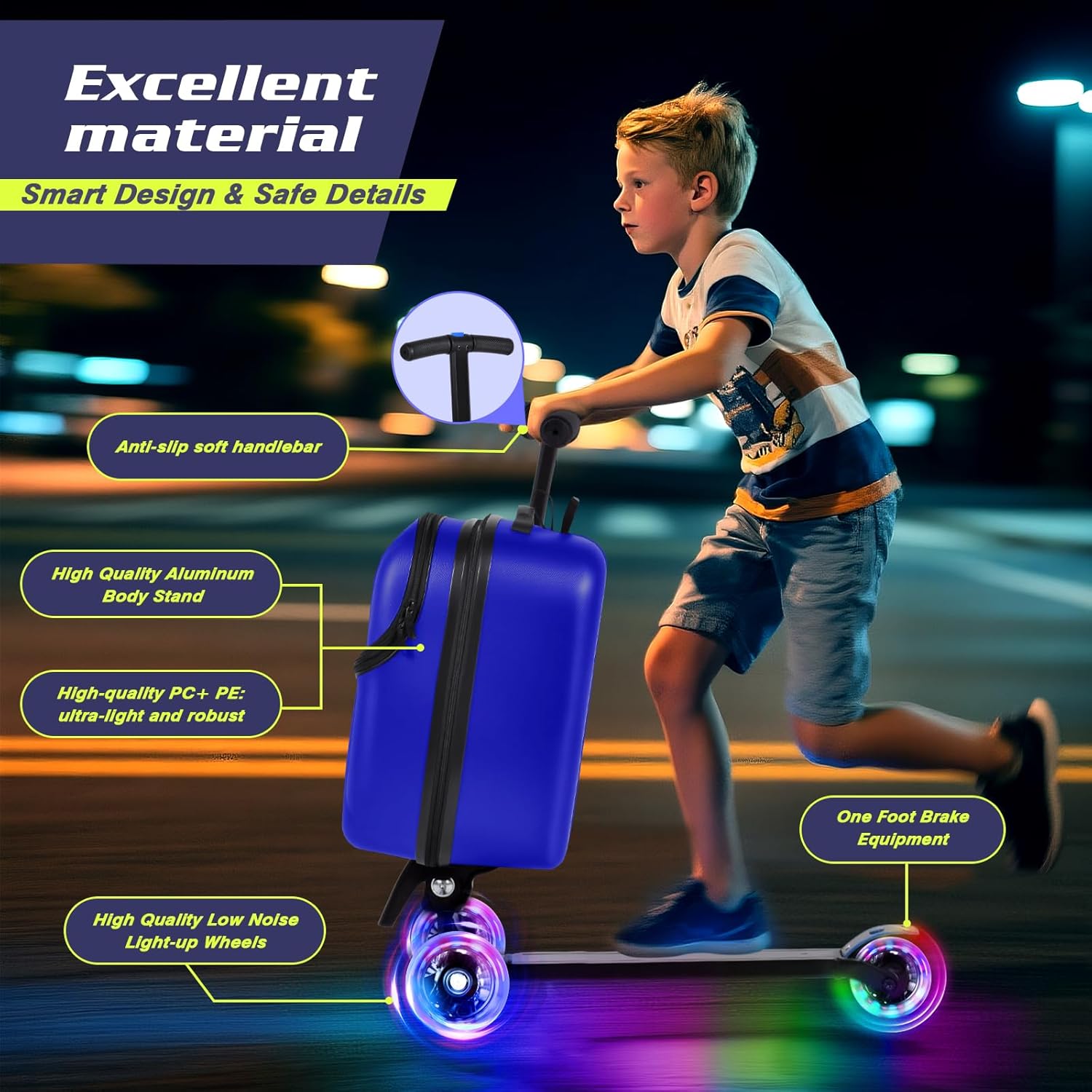 smilesun Foldable Ride On Scooter Suitcase with Front Opening, Lightweight Carry On Scooter Luggage for Adults, Teens & Kids（Blue 20-inch）