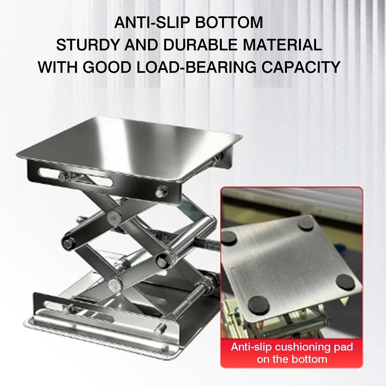 Soporte De Gato Laboratorio Acero Inoxidable, Plataforma Elevación Nivel | Con tapete antideslizante y manija giratoria, rango de elevación vertical 50-460 mm, capacidad de carga 5-25 kg(150x150mm)