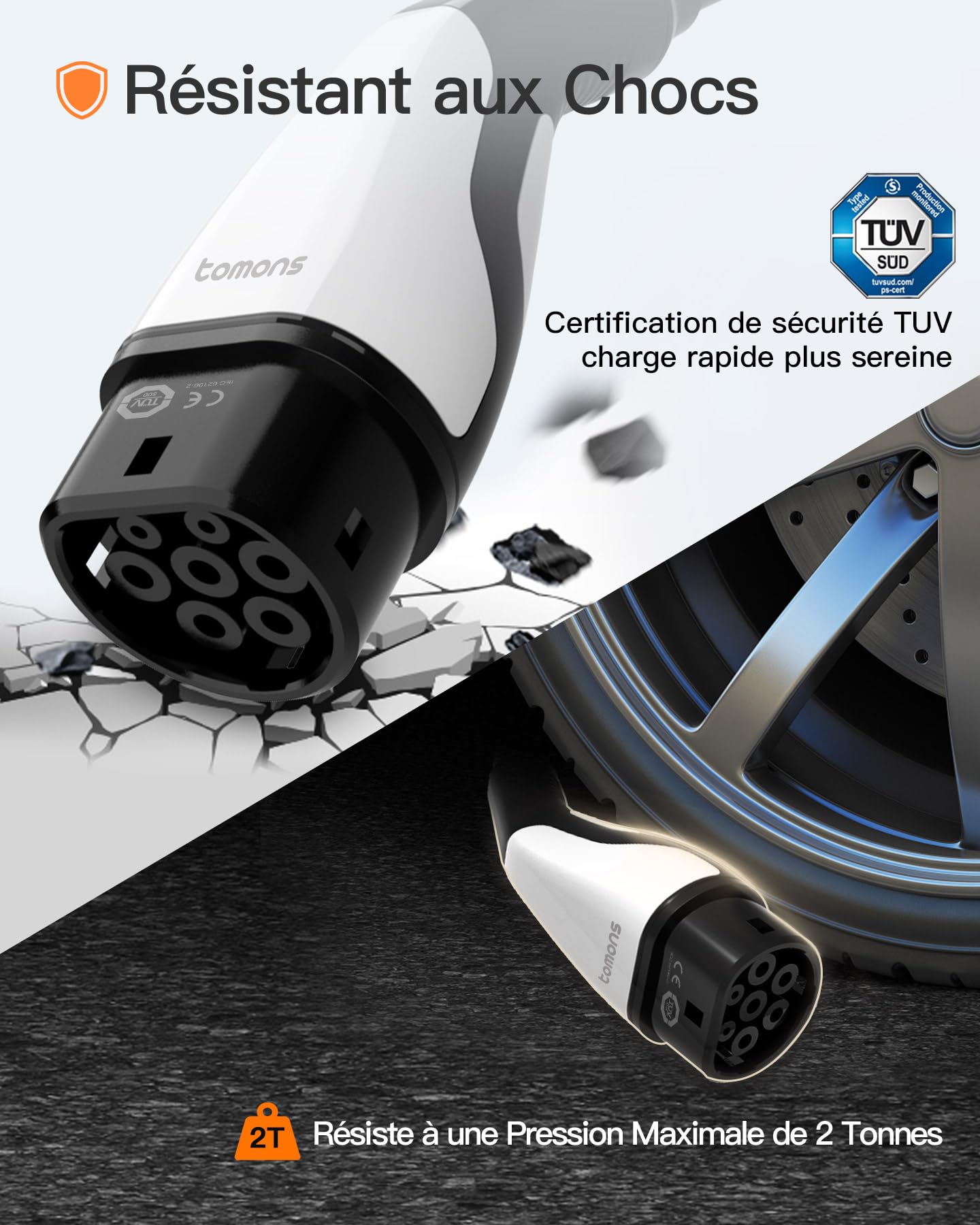 tomons Cable Recharge Voiture Electrique Type 2, 22KW 32A Triphasé 5M, Cable Type 2 Fait avec Modèles S/X/Y/3, ID.3, ID.4, E-Tron, Zoe, Kona, I3, avec CE/TUV