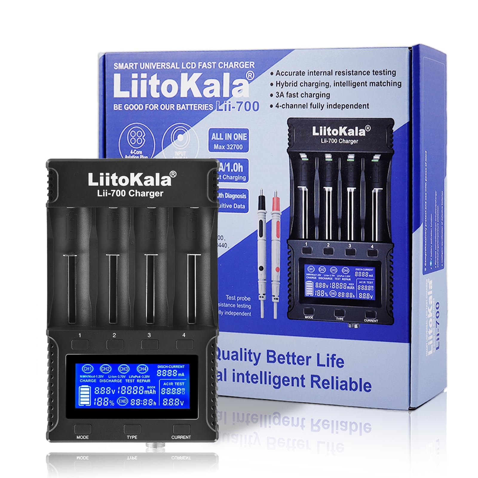 Cargador Inteligente Liitokala Lii-700 para batería de Ion de Litio, Prueba de Resistencia Interna, detección de Capacidad y Modo de reparación con Adaptador de 12 V 5 A 32700/26700/26650 AA y AAA