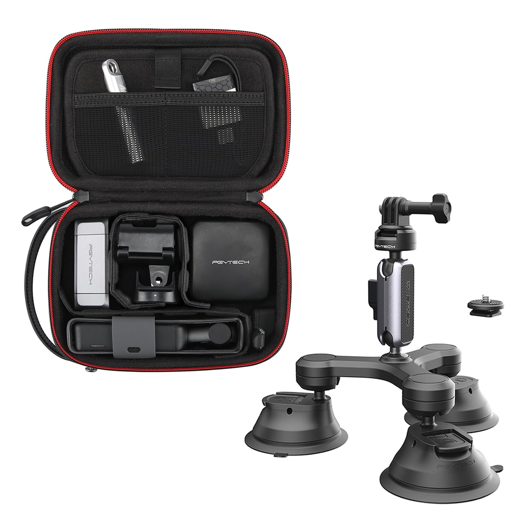 PGYTECH Camera Carrying Case Mini+CapLock Triple Suction Mount for DJI OSMO Action 4/3, Gopro Hero 12/11/10, OSMO Pocket 3/2