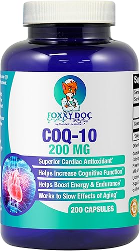 CoQ10 Co-enzima Q10-200 mg - Alta absorción - 400 mg por 2 cápsulas - Sin OMG - Sin gluten - 200 cápsulas veganas - Soporte cardíaco y celular -