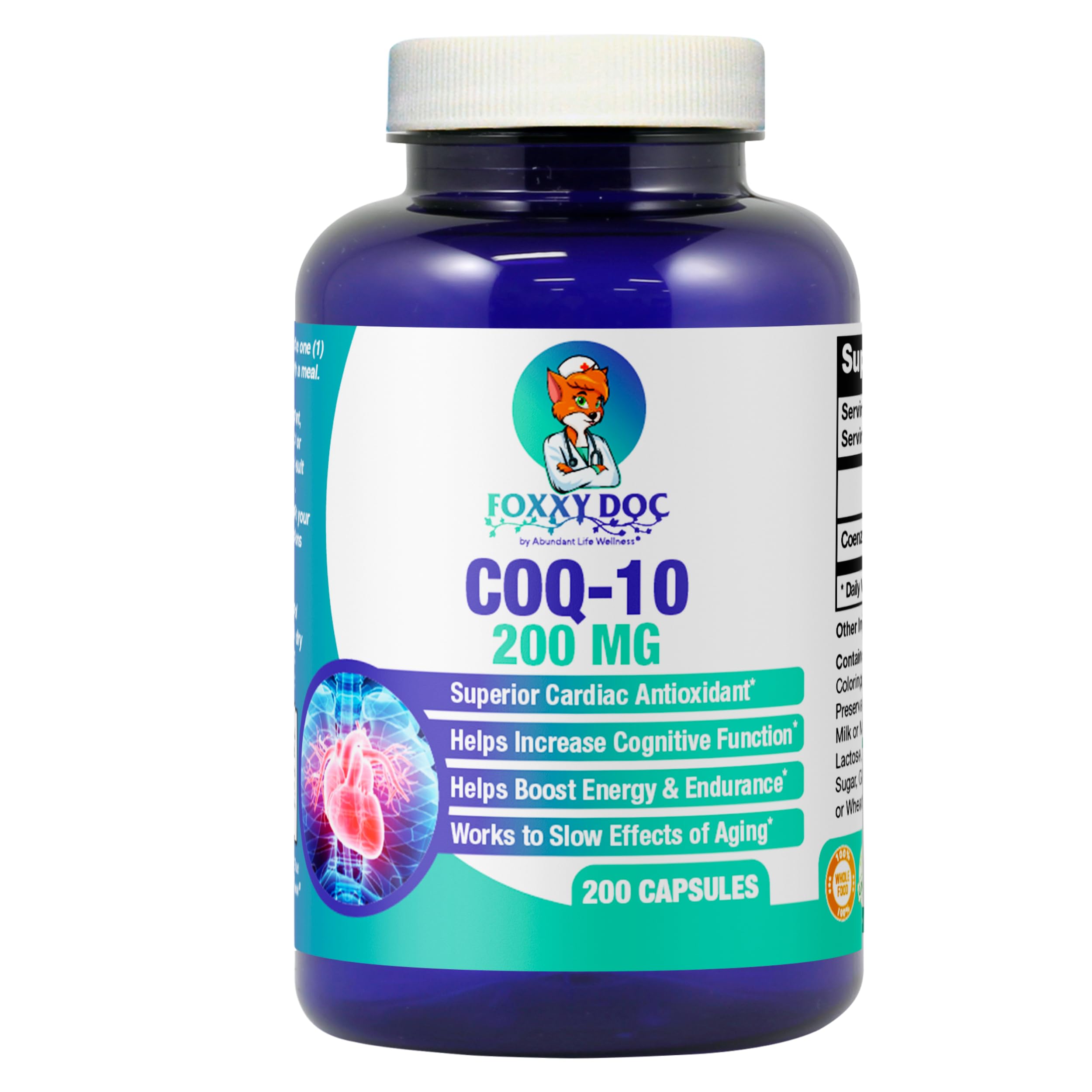 CoQ10 - Co-Enzyme Q10-200 mg -High Absorption - 400 mg per 2 caps - Non-GMO - Gluten Free - 200 Veg. Caps - Heart & Cellular Support - Made in USA by Foxxy Doc